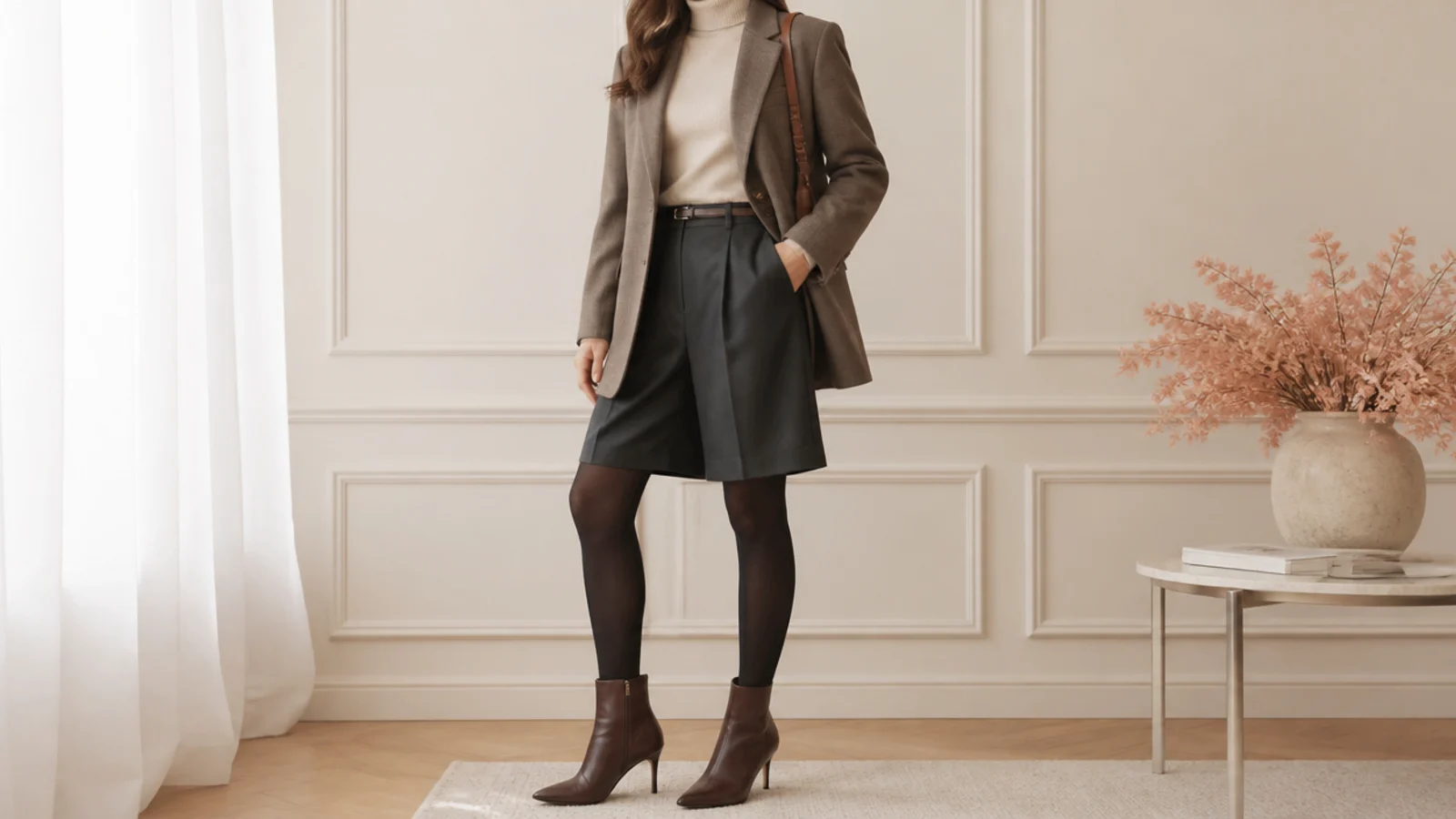 Faceless dressy fall outfit with dark tailored jorts, a fine turtleneck under a blazer, opaque tights and heeled ankle boots