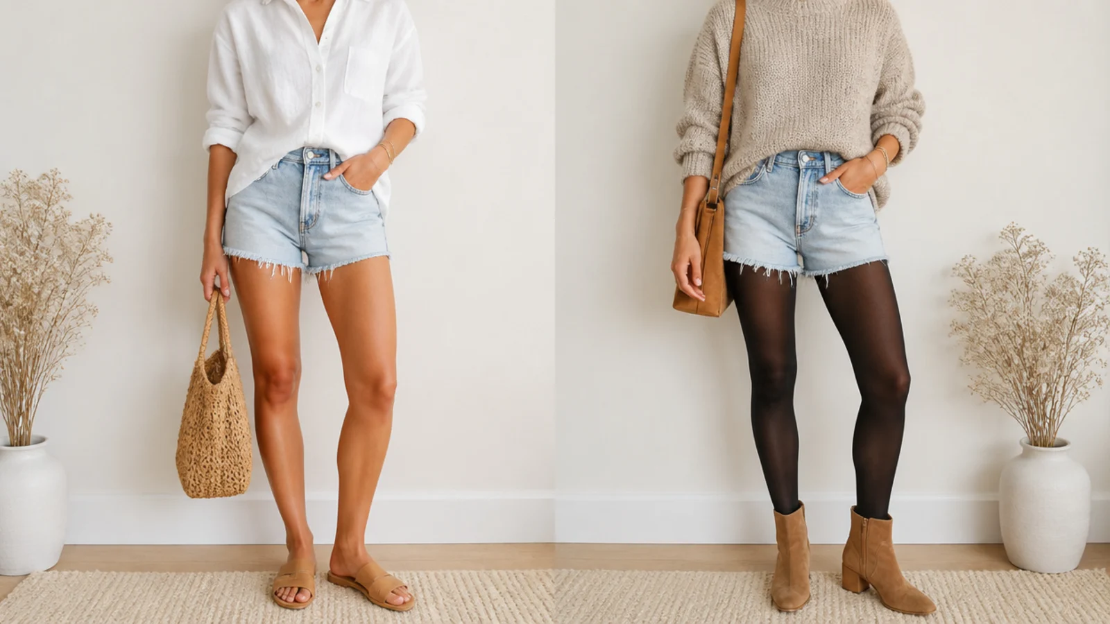 Faceless comparison of a summer frayed jort look beside a fall jort look with tights, boots and a knit