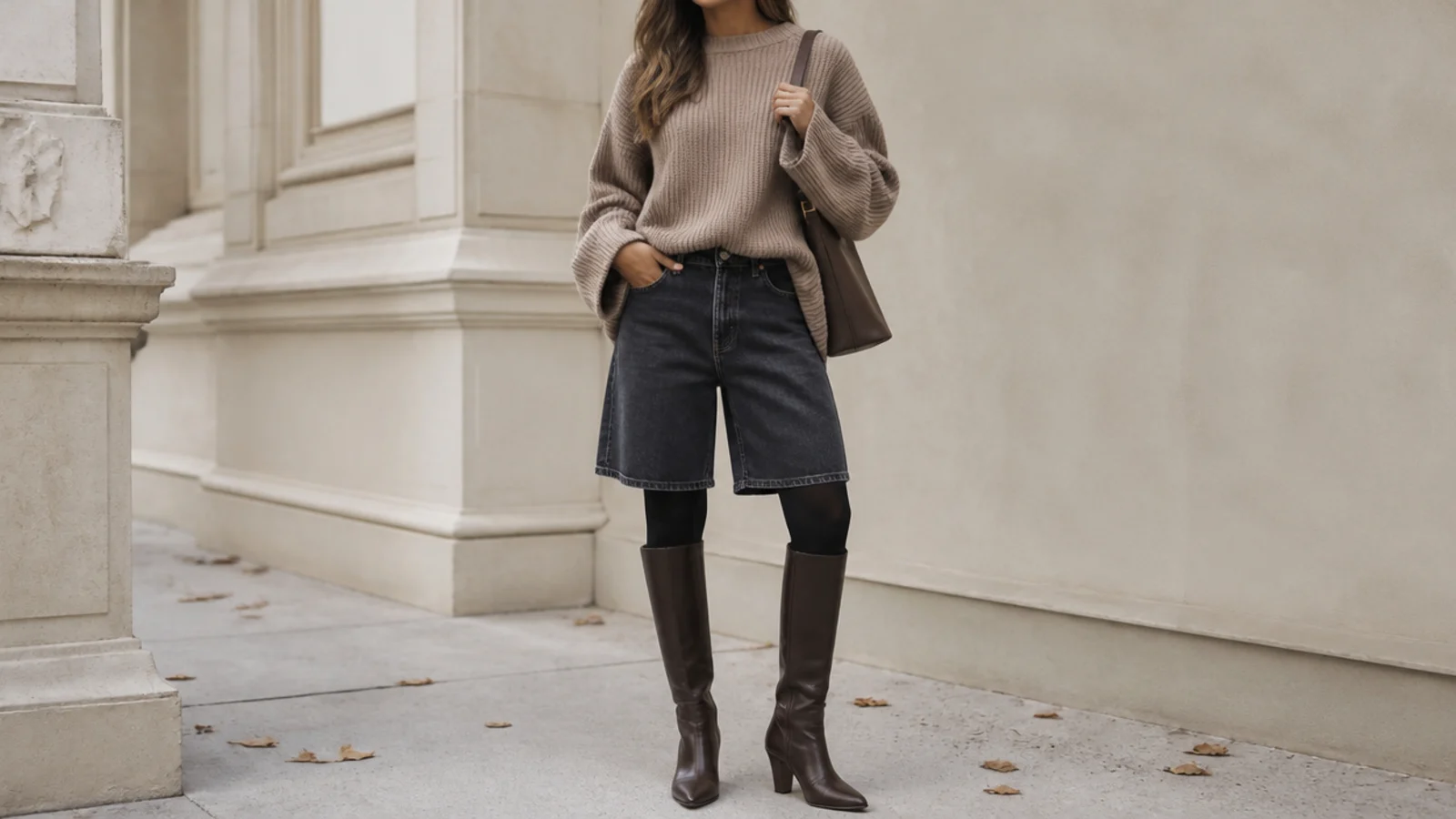Faceless fall jorts outfit with dark-wash bermuda jorts, black opaque tights, knee-high boots and an oversized sweater