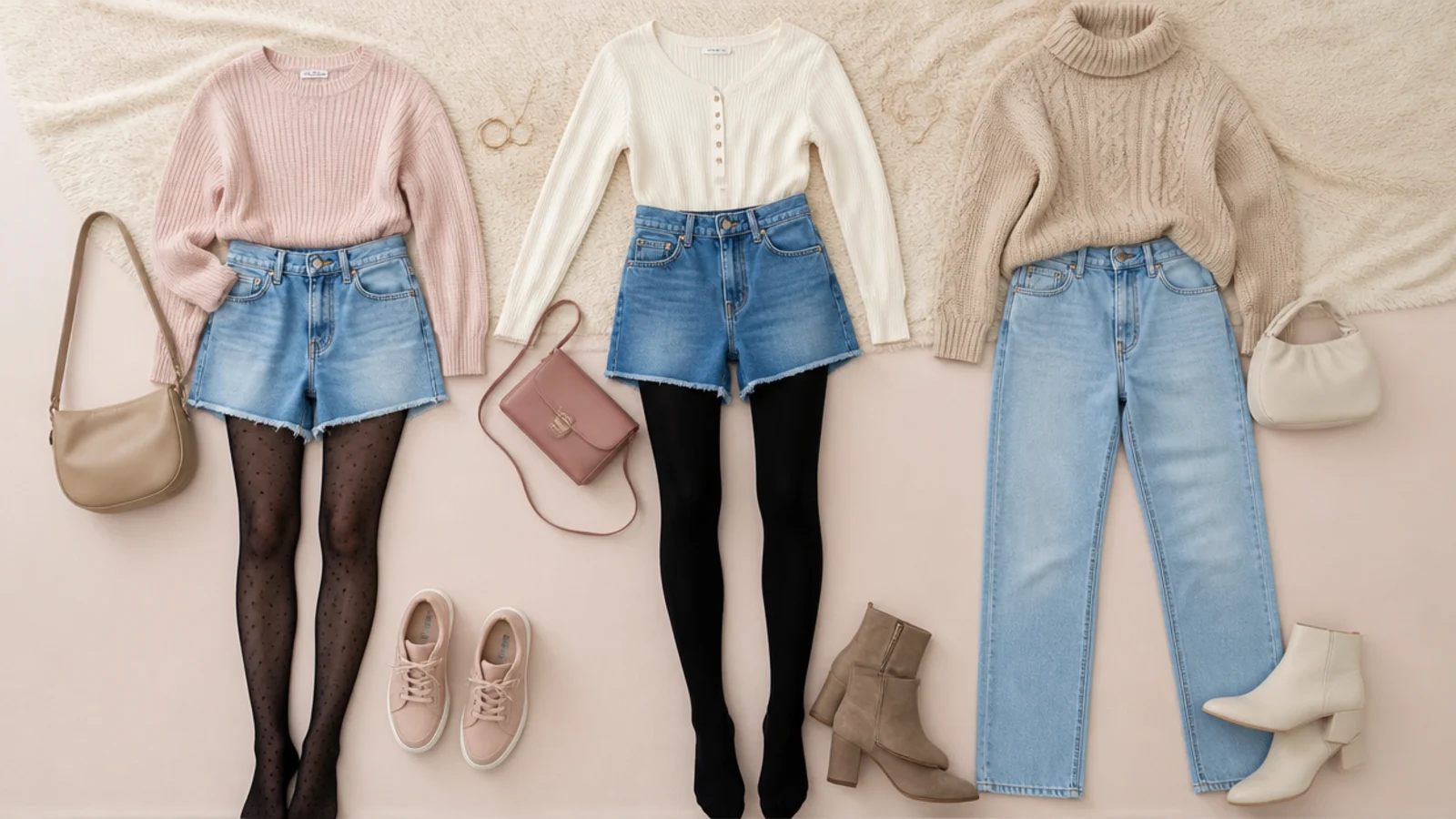 Faceless flat-lay of jorts with sheer tights beside jorts with thick opaque tights and jeans for colder weather