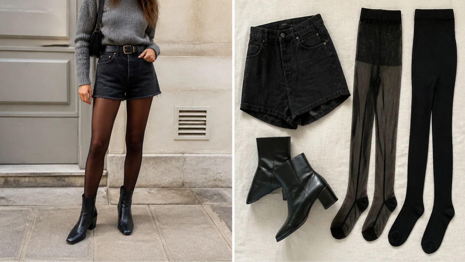 Faceless flat-lay of sheer 20-denier and opaque 80-denier black tights laid beside dark jorts and boots