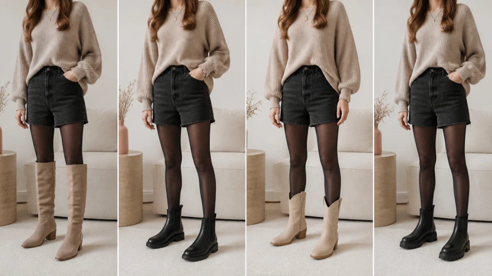 Faceless comparison of knee-high, Chelsea, cowboy and lug-sole ankle boots styled with dark jorts and tights