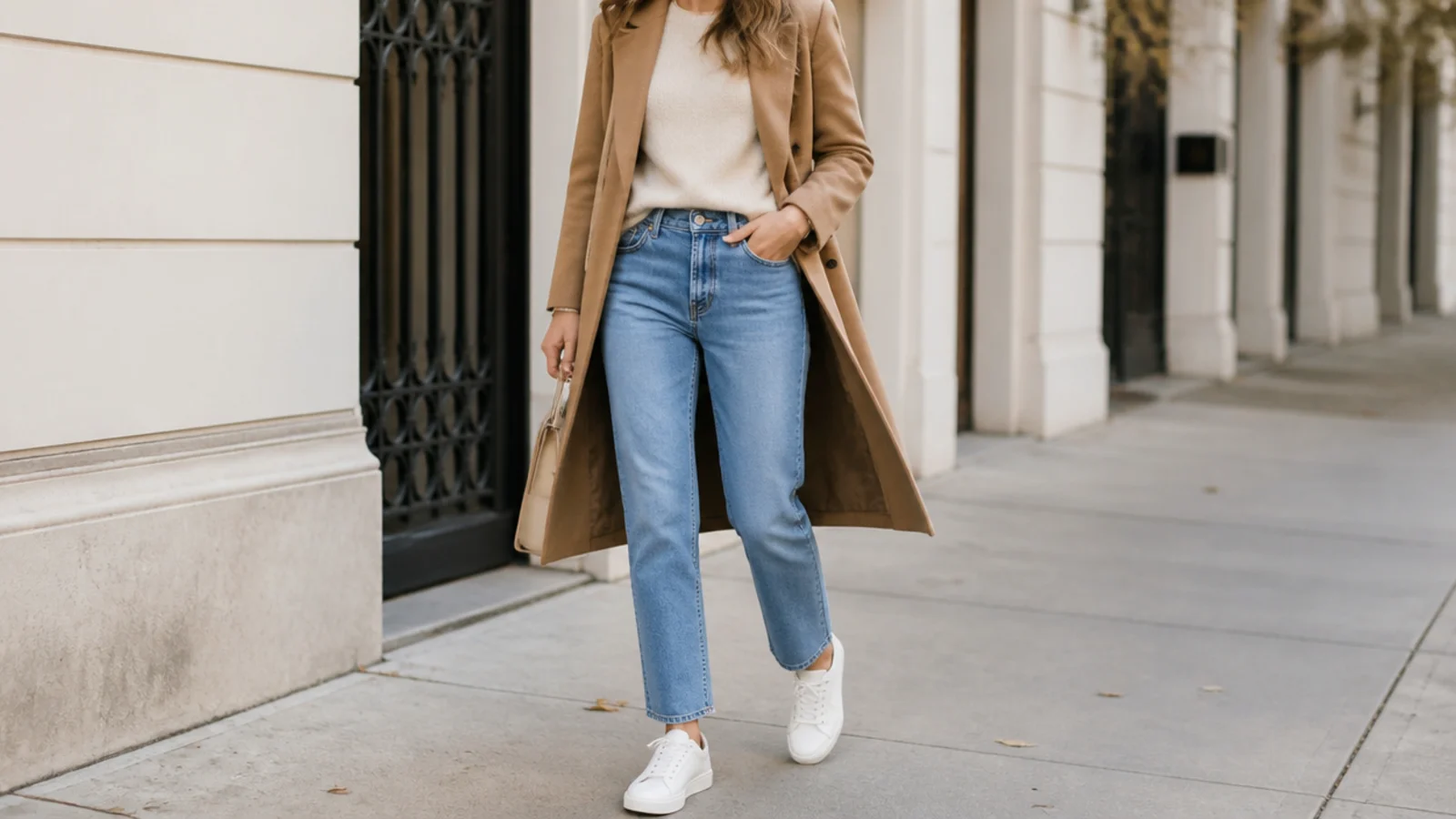 Faceless fall outfit with white leather sneakers, mid-blue straight-leg jeans and a camel wool coat