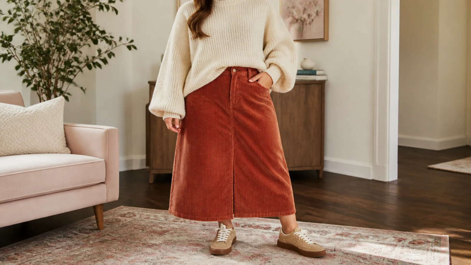 Faceless fall outfit with tan suede sneakers, a rust corduroy midi skirt and an oversized cream knit