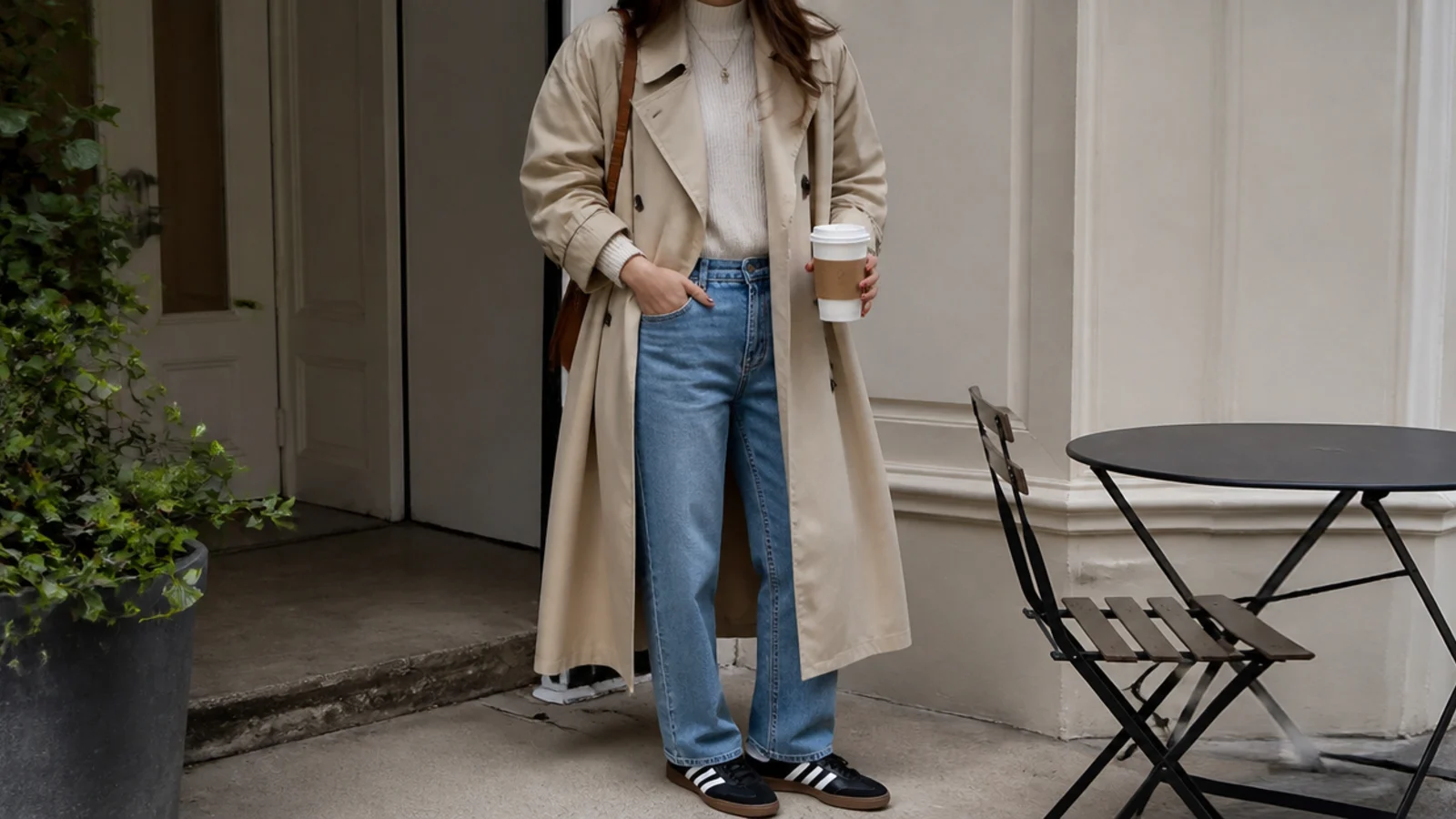 Faceless fall outfit with black-and-white Samba-style sneakers, straight jeans and a beige trench coat