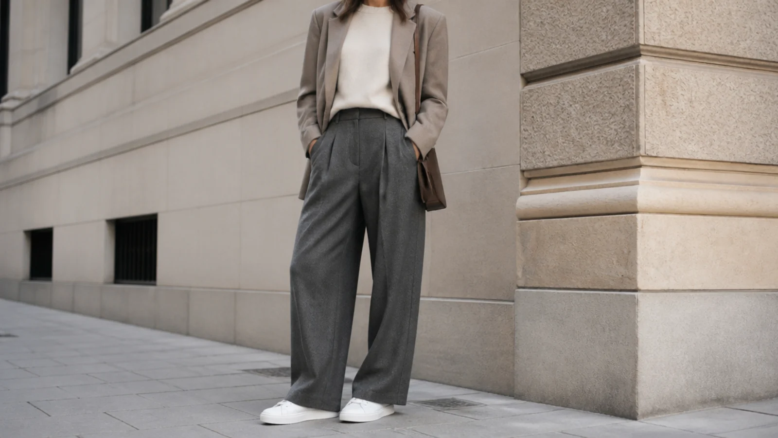 Faceless fall office outfit with white leather sneakers, gray wool trousers and an oversized blazer
