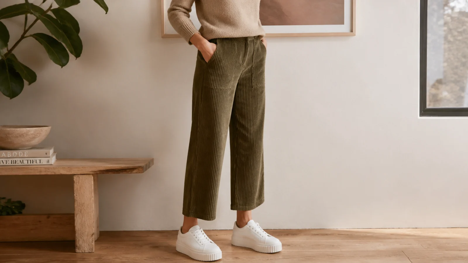 Faceless fall outfit with chunky white platform sneakers, cropped olive corduroy trousers and a fine knit