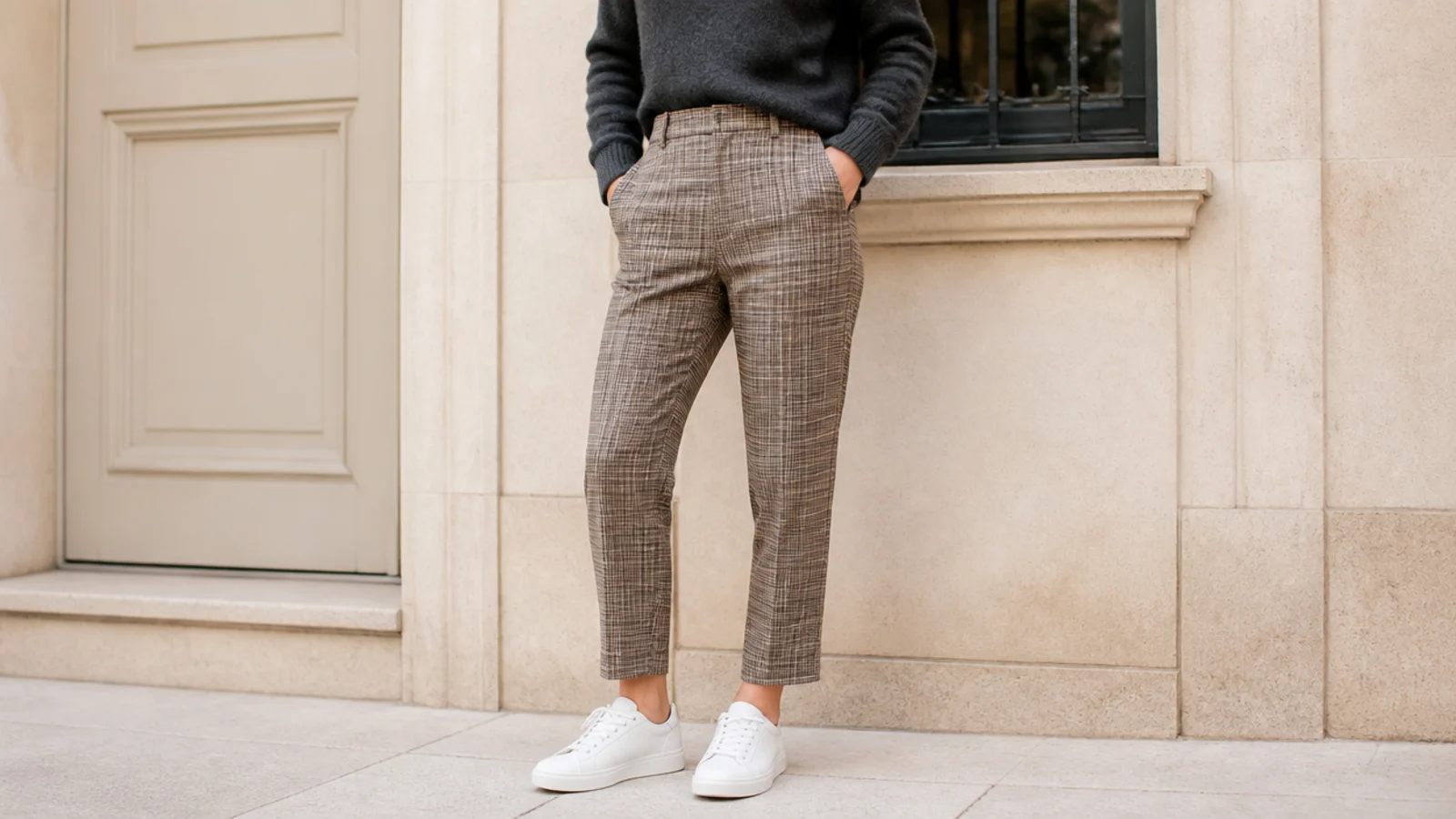 Faceless fall outfit with white sneakers, brown-and-cream plaid wool trousers and a charcoal turtleneck