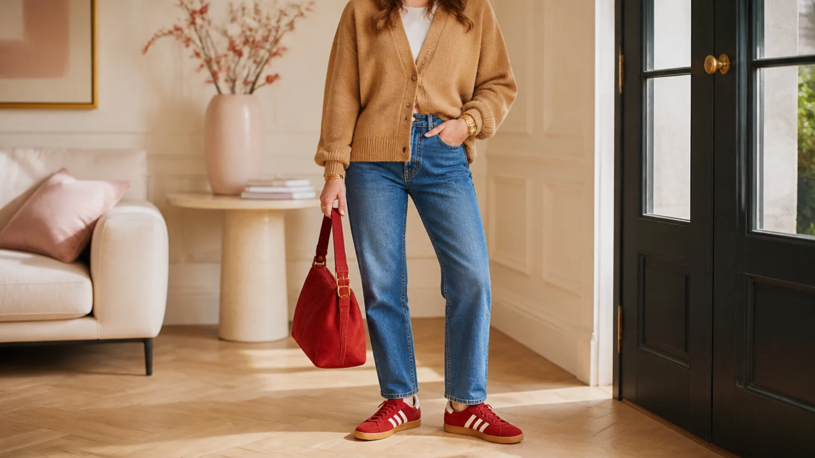 Faceless fall outfit with red suede sneakers, mid-blue jeans, a camel cardigan and a red bag