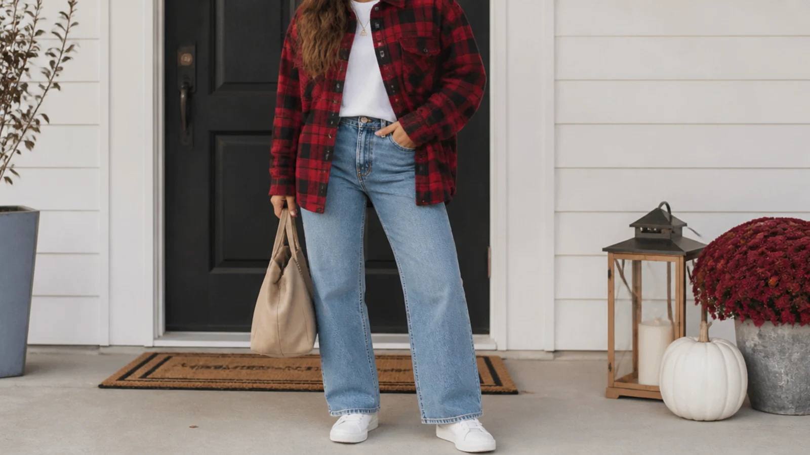 Faceless fall outfit with white sneakers, an oversized red-and-black flannel shirt and straight jeans