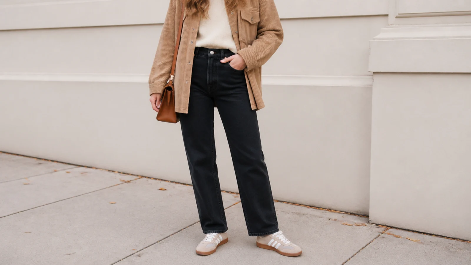 Faceless fall outfit with a suede retro runner, a tan corduroy shirt-jacket and dark straight jeans