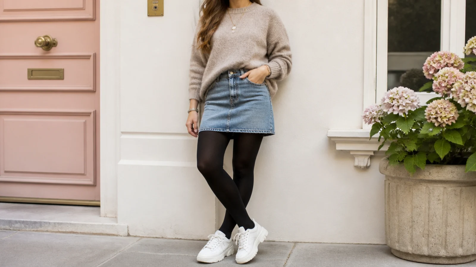 Faceless fall outfit with chunky white sneakers, a denim mini skirt, opaque black tights and a knit