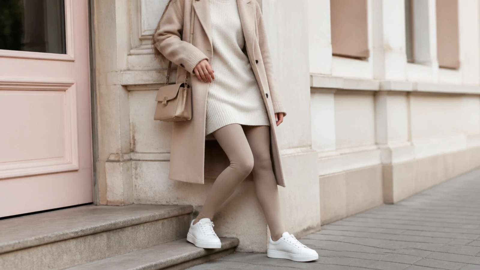Faceless fall outfit with white sneakers, a ribbed oatmeal sweater dress and opaque tights