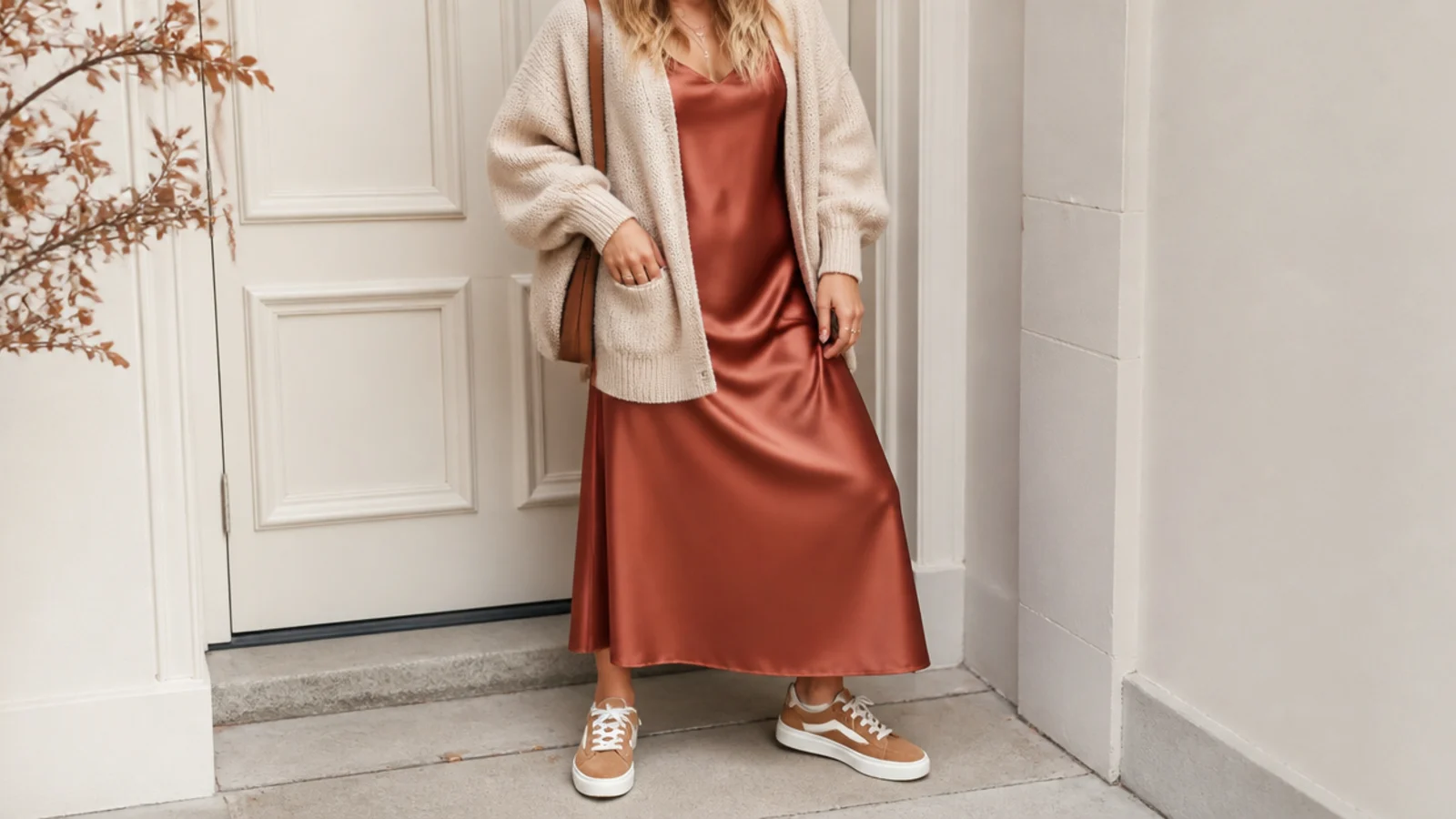 Faceless fall outfit with tan suede sneakers, a rust satin slip dress and an oversized oatmeal cardigan