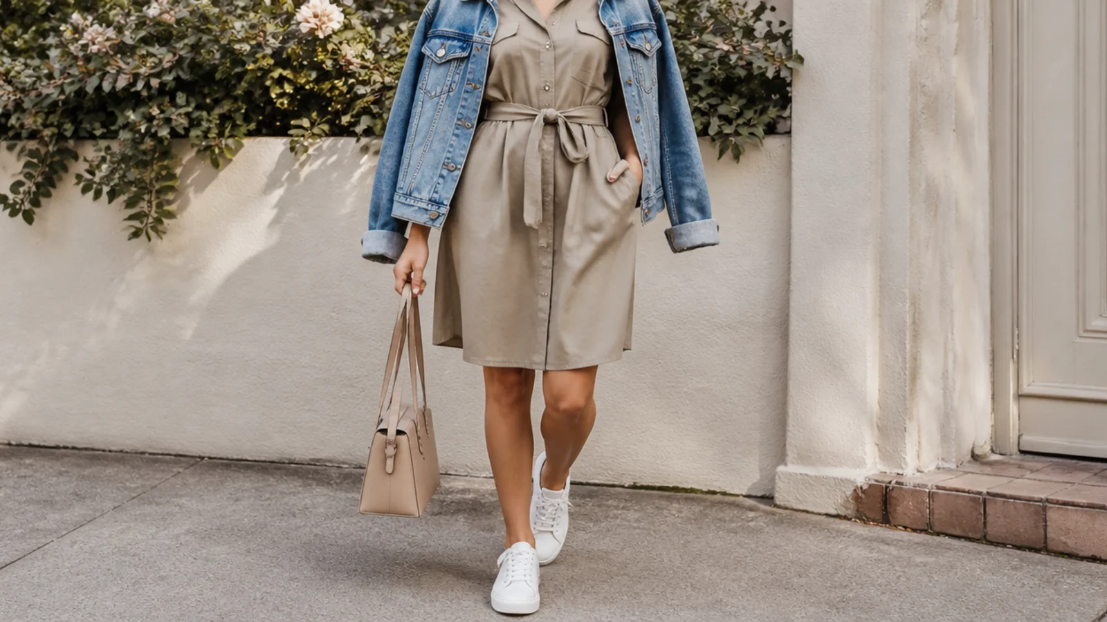 Faceless fall outfit with white sneakers, a khaki belted shirt dress and a denim jacket