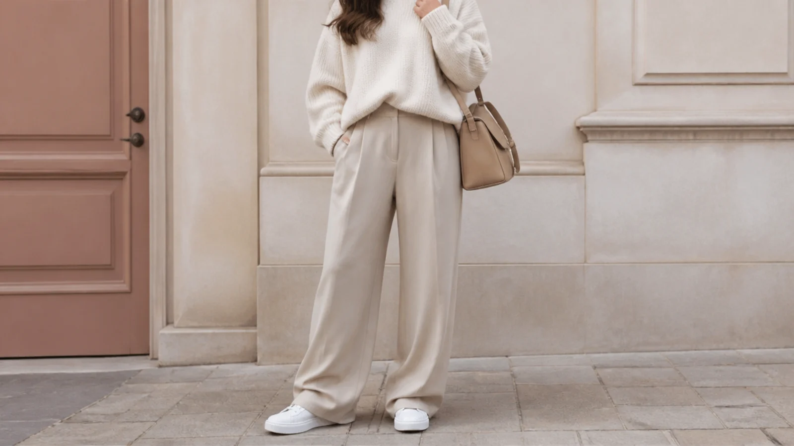 Faceless fall outfit with white sneakers, a chunky cream knit and wide-leg oatmeal trousers