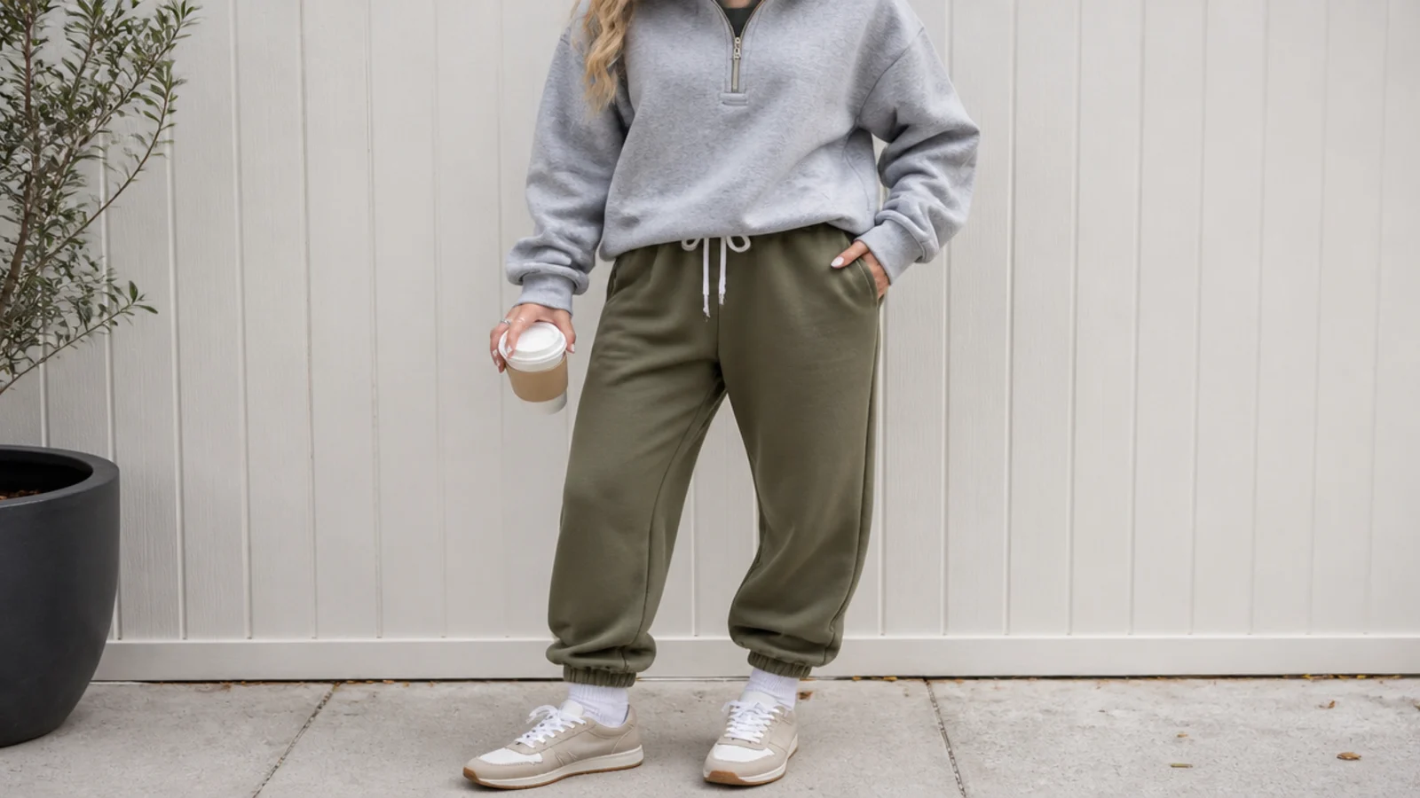 Faceless fall athleisure outfit with a suede retro runner, olive joggers and a gray half-zip pullover