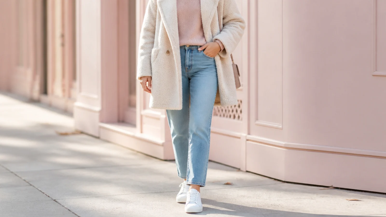 Faceless fall outfit with white sneakers, straight jeans and an oversized cream teddy coat