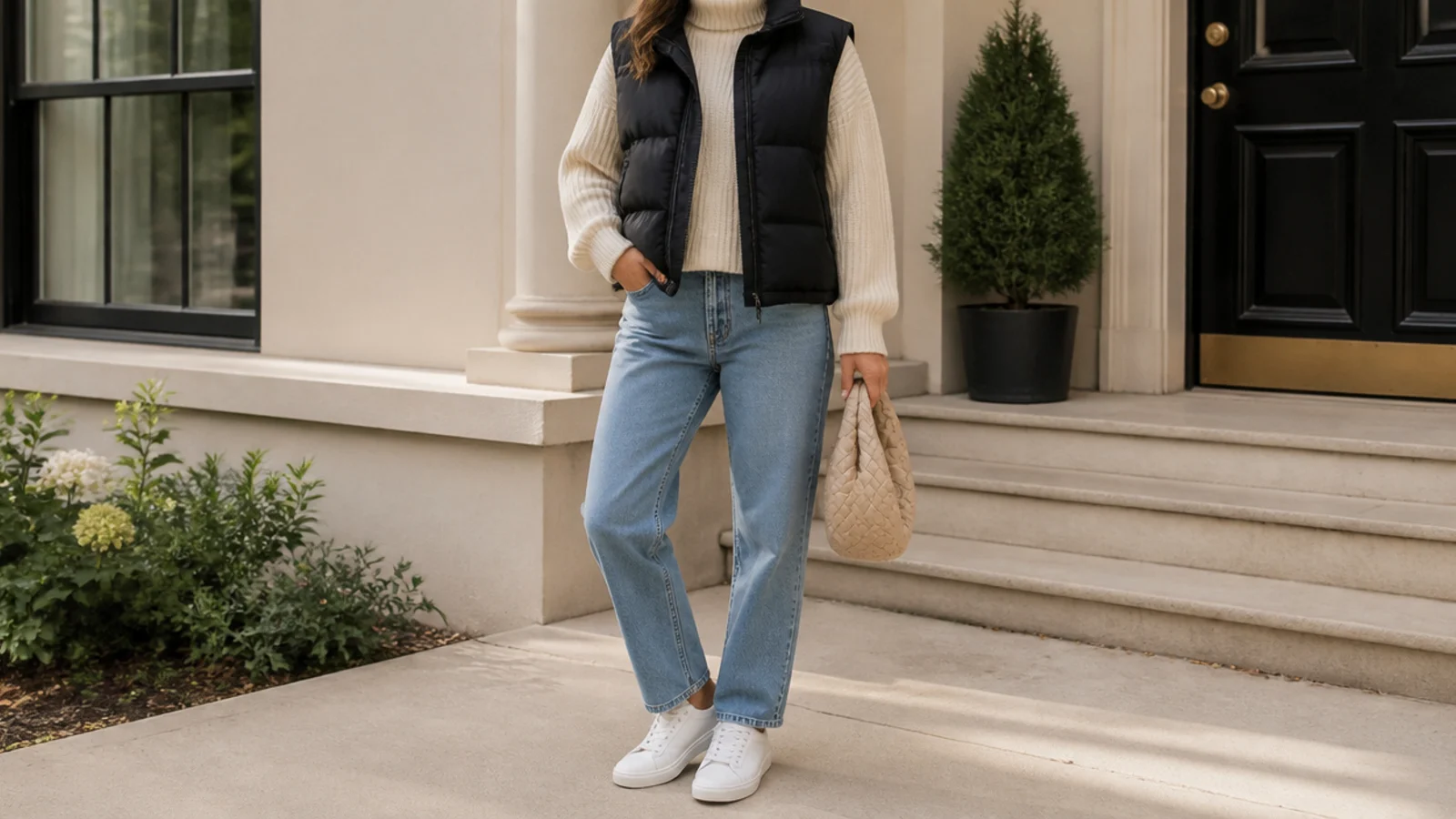 Faceless fall outfit with white sneakers, a black puffer vest, a cream turtleneck and straight jeans