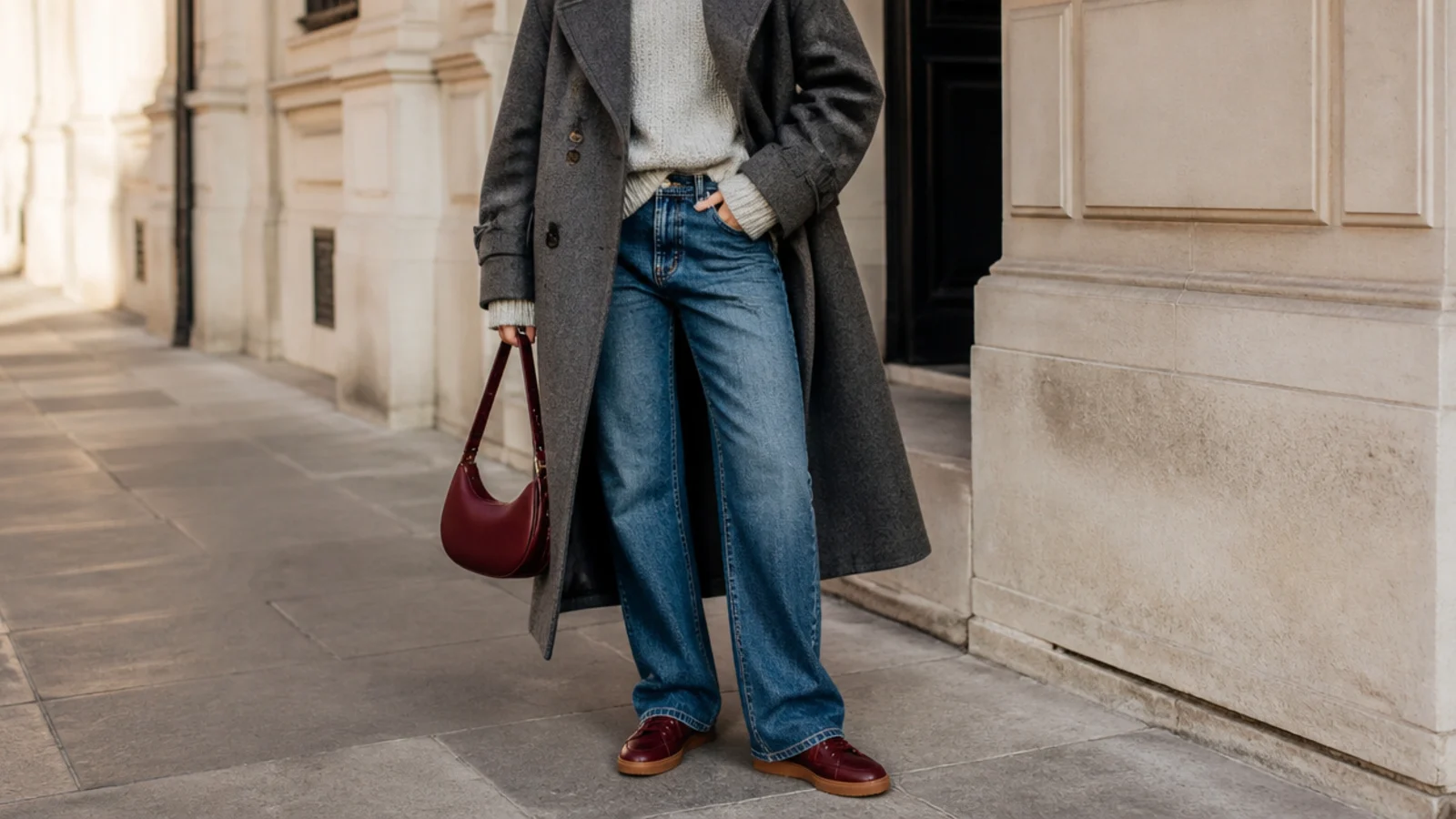 Faceless fall outfit with burgundy leather sneakers, mid-blue jeans and a gray wool overcoat