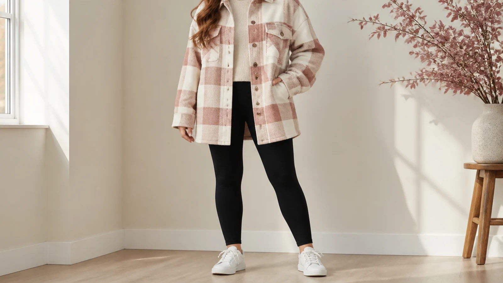 Faceless fall outfit with white sneakers, black leggings and an oversized plaid wool shacket