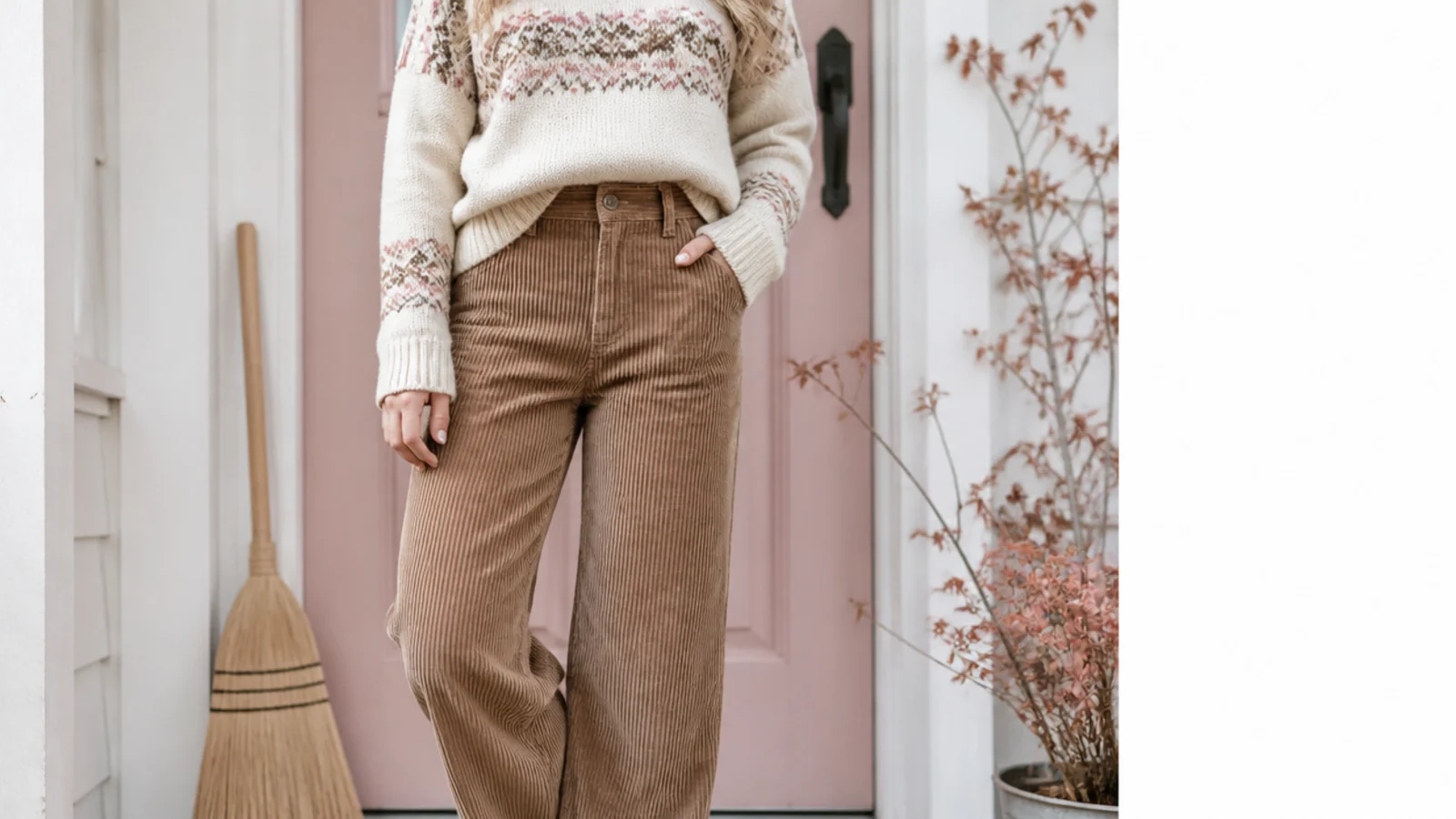 Faceless fall outfit with white sneakers, a cream Fair Isle sweater and brown corduroy trousers