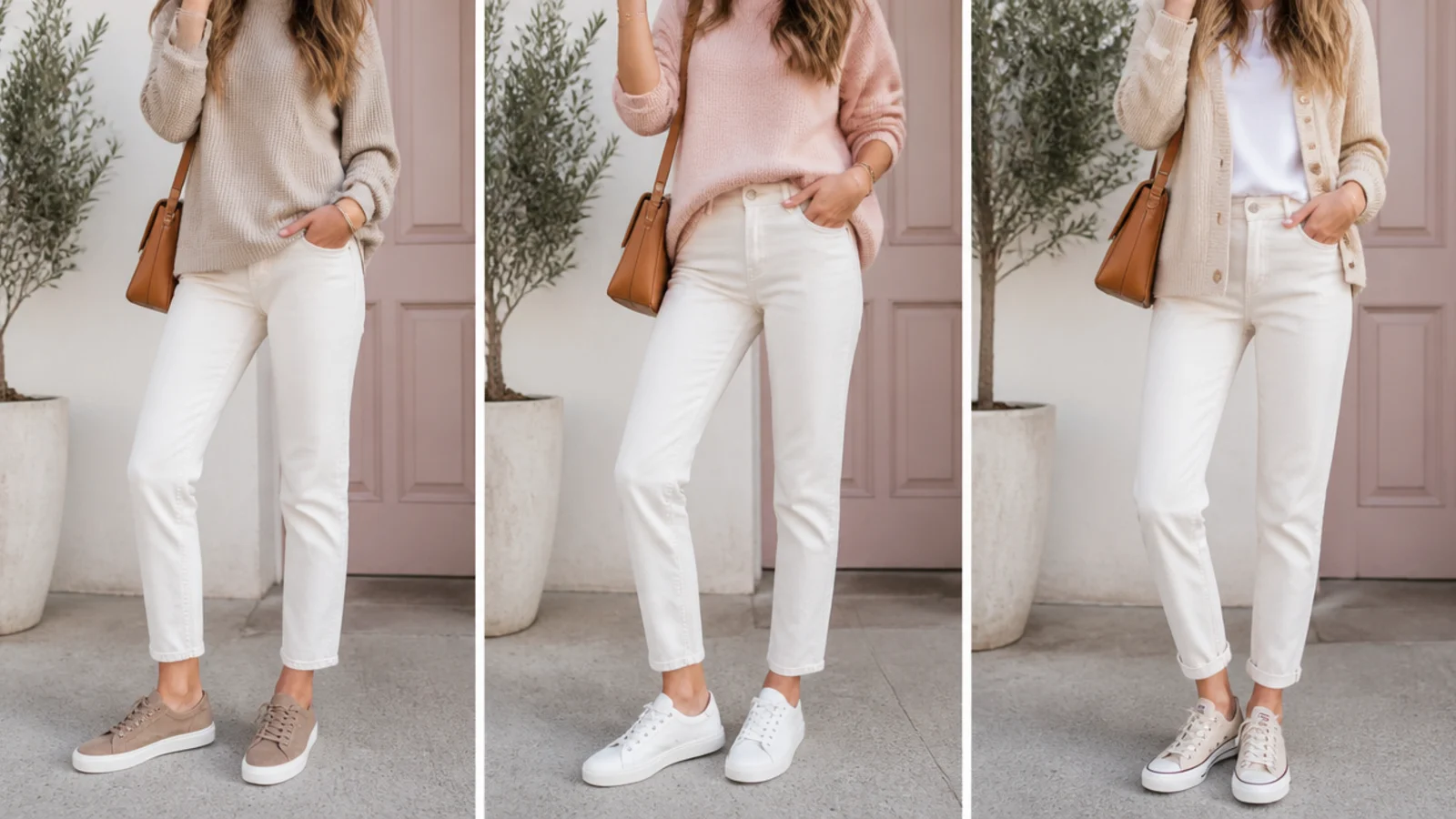 Faceless comparison of a suede sneaker, a white leather sneaker and a canvas sneaker for fall styling