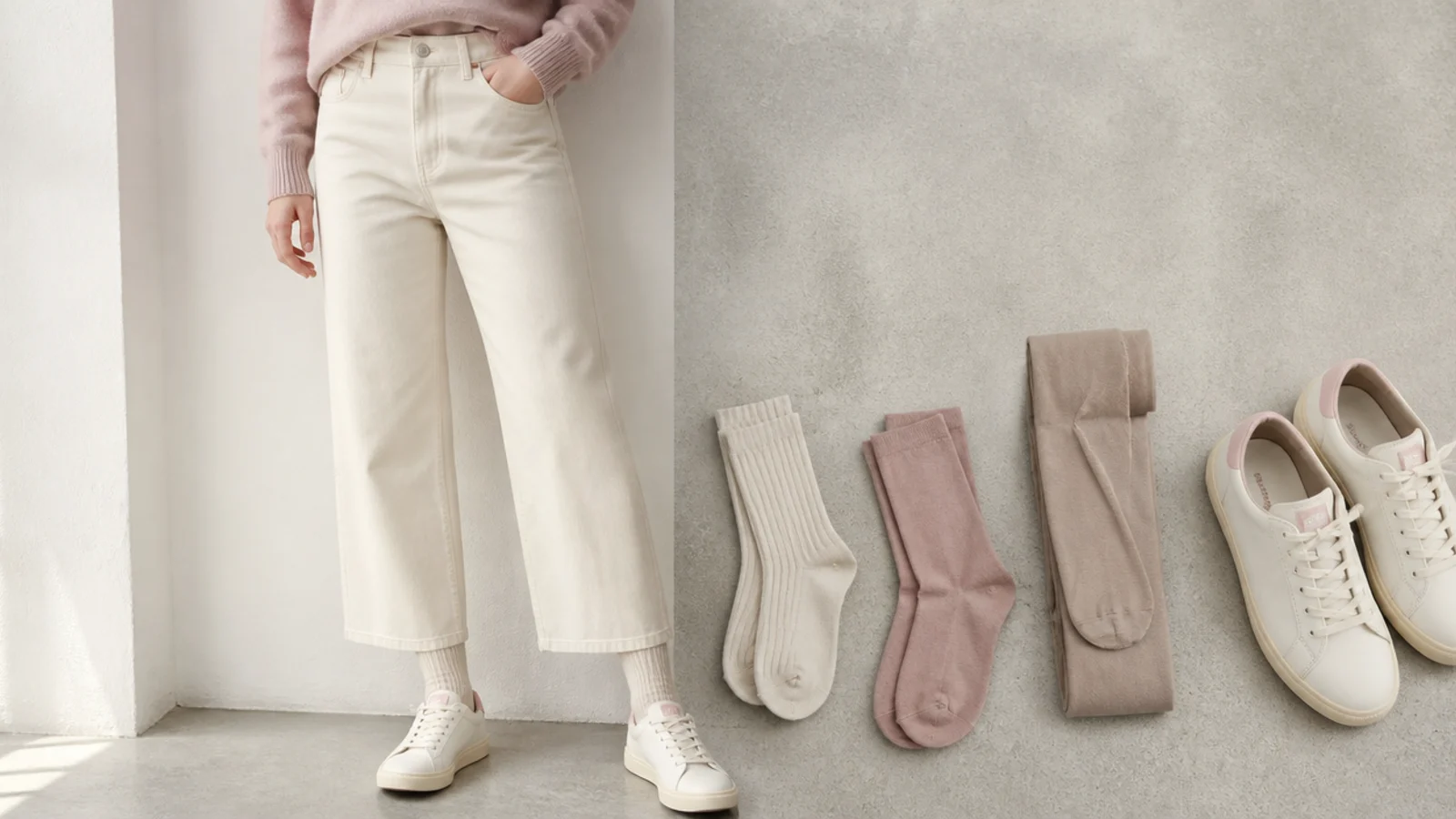 Faceless flat-lay of ribbed crew socks, thin merino socks and opaque tights beside a leather sneaker