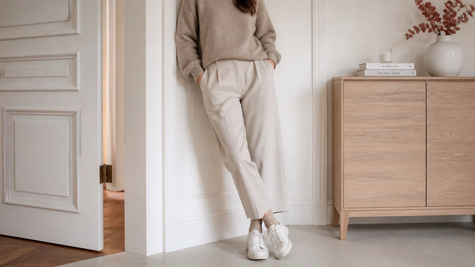 Faceless fall outfit pairing white leather sneakers with wool trousers, a knit and thin wool socks