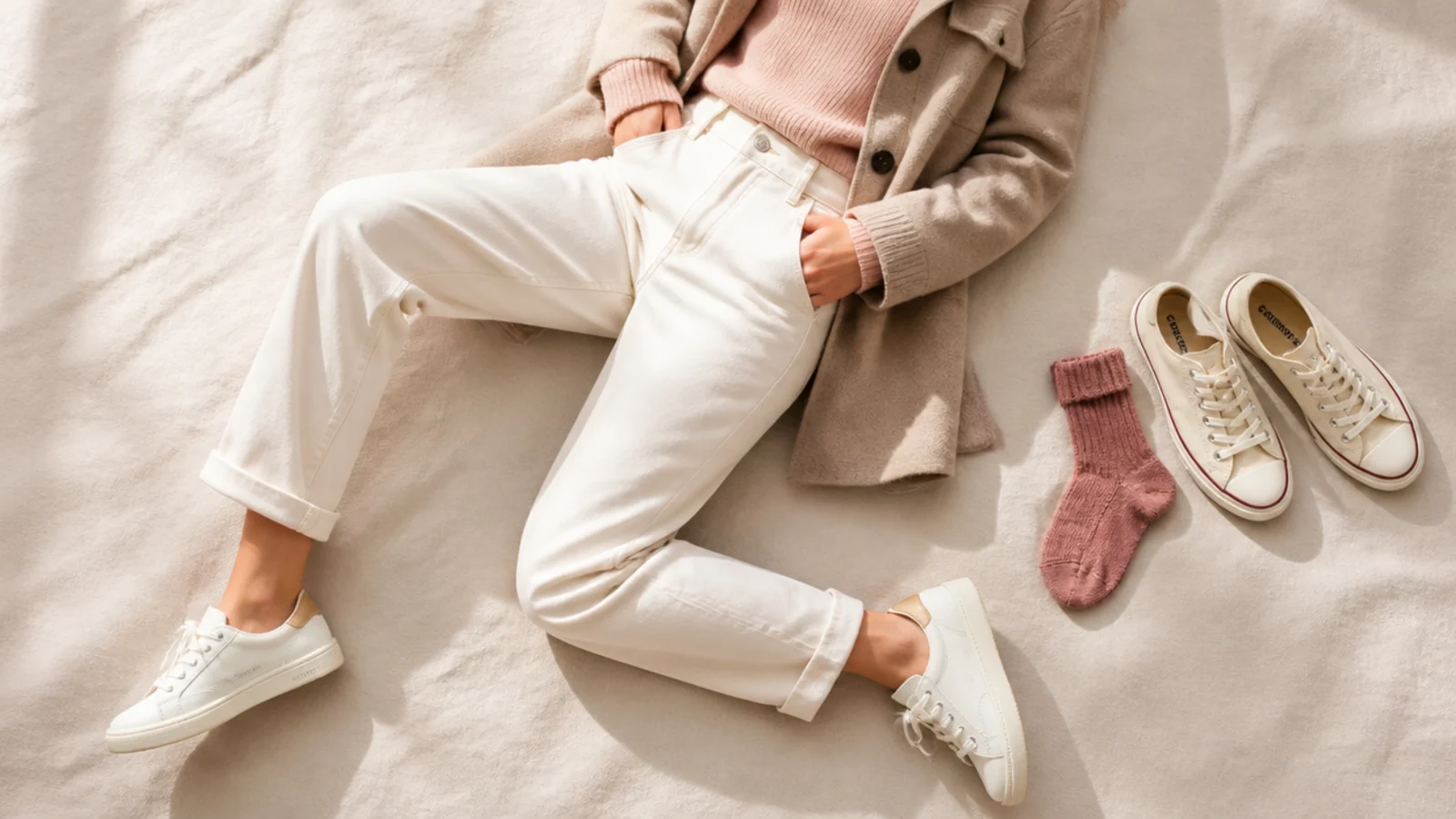 Faceless flat-lay of a canvas sneaker set aside beside a leather sneaker and a wool sock for fall