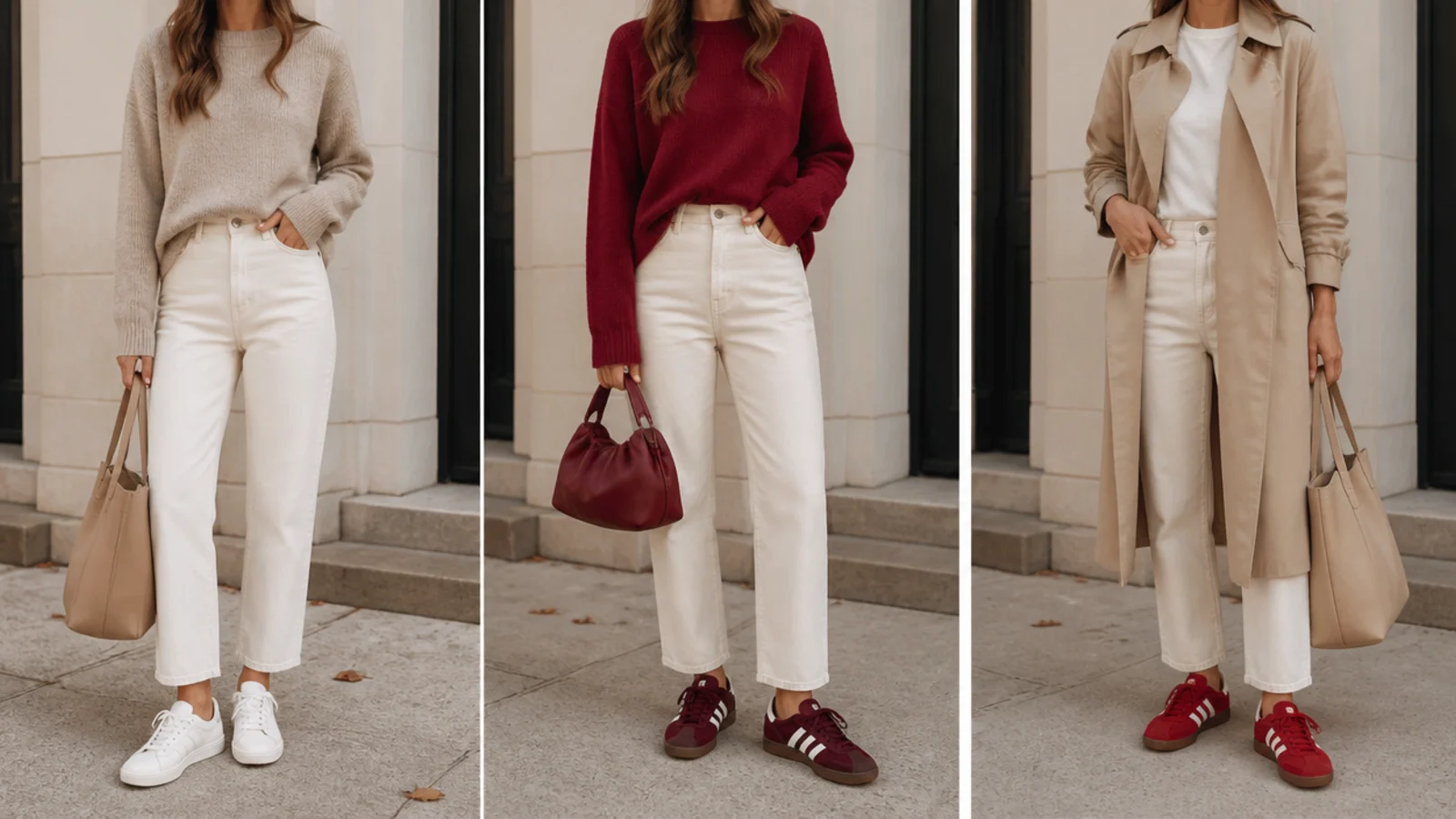 Faceless fall outfit contrast showing white leather sneakers beside burgundy and red suede sneakers