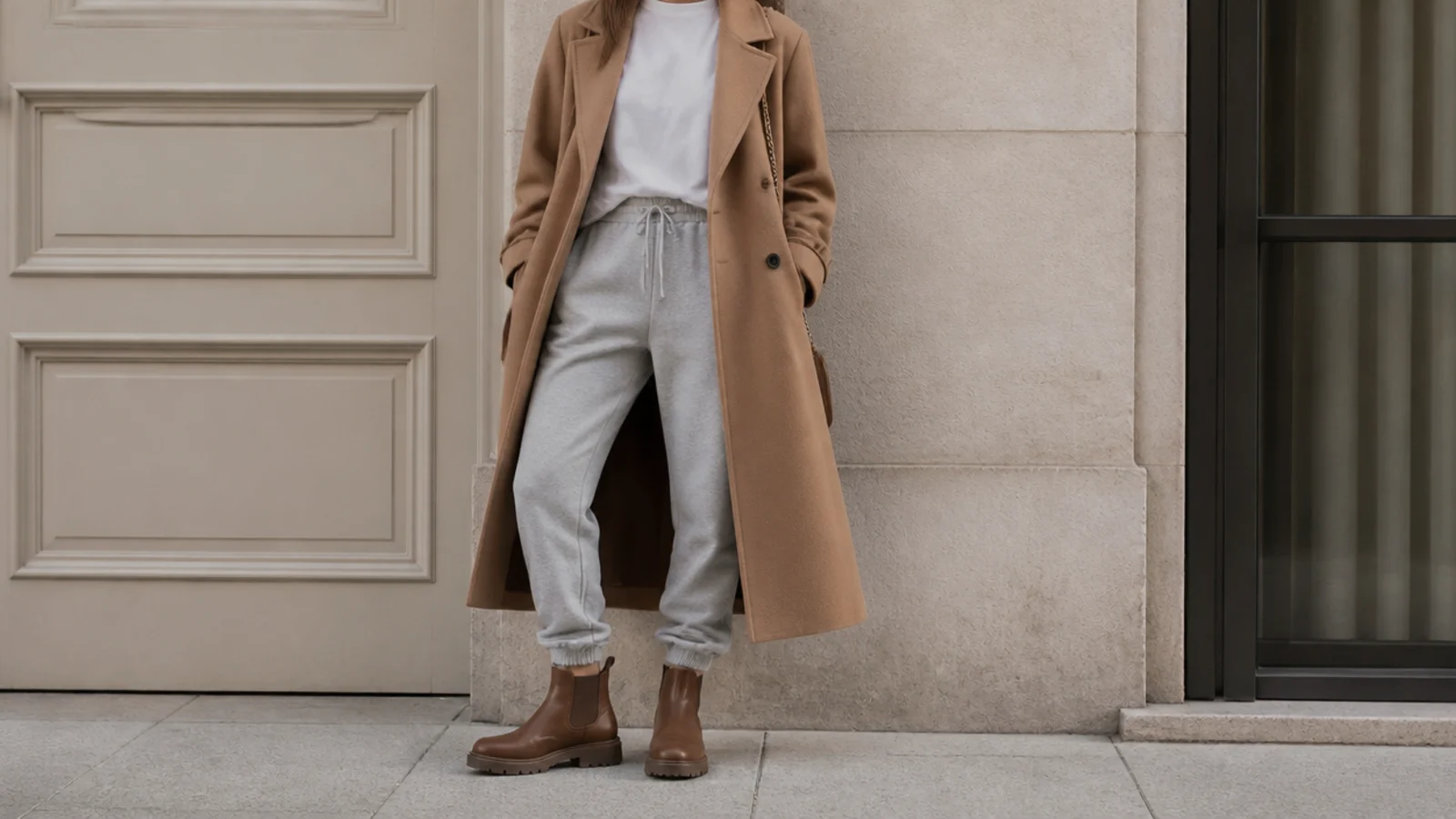 Faceless full-length shot of a camel wool coat over a white tee and gray tapered sweatpants with brown boots