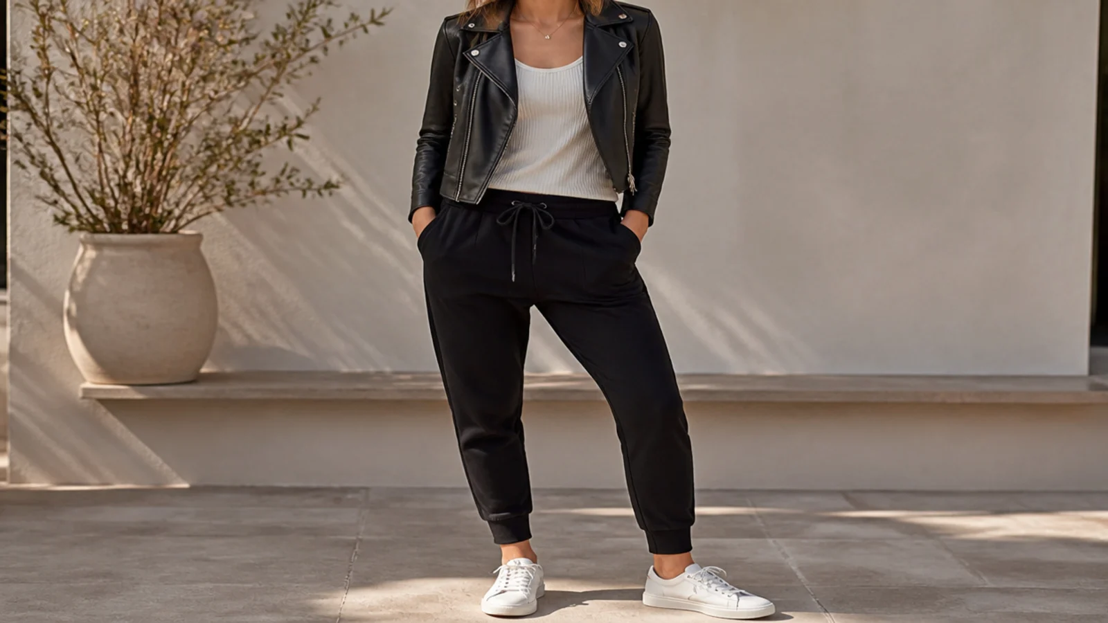Faceless shot of a cropped black leather biker jacket over a ribbed tank with tapered black joggers