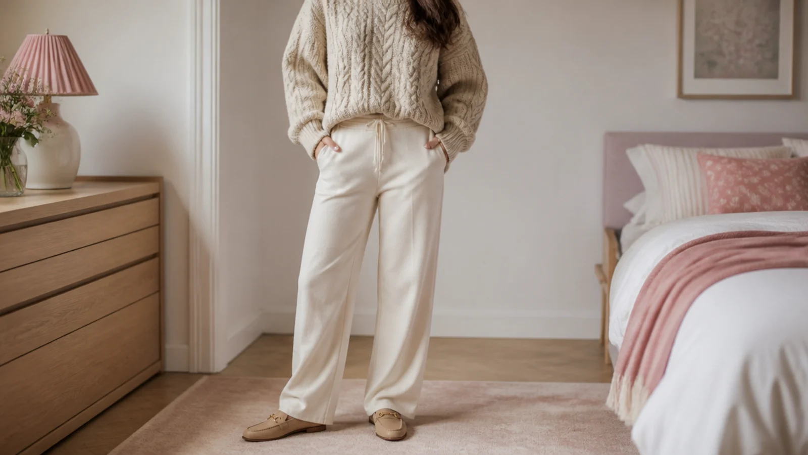 Faceless shot of an oversized oatmeal cable-knit sweater with cream straight-leg sweatpants and loafers