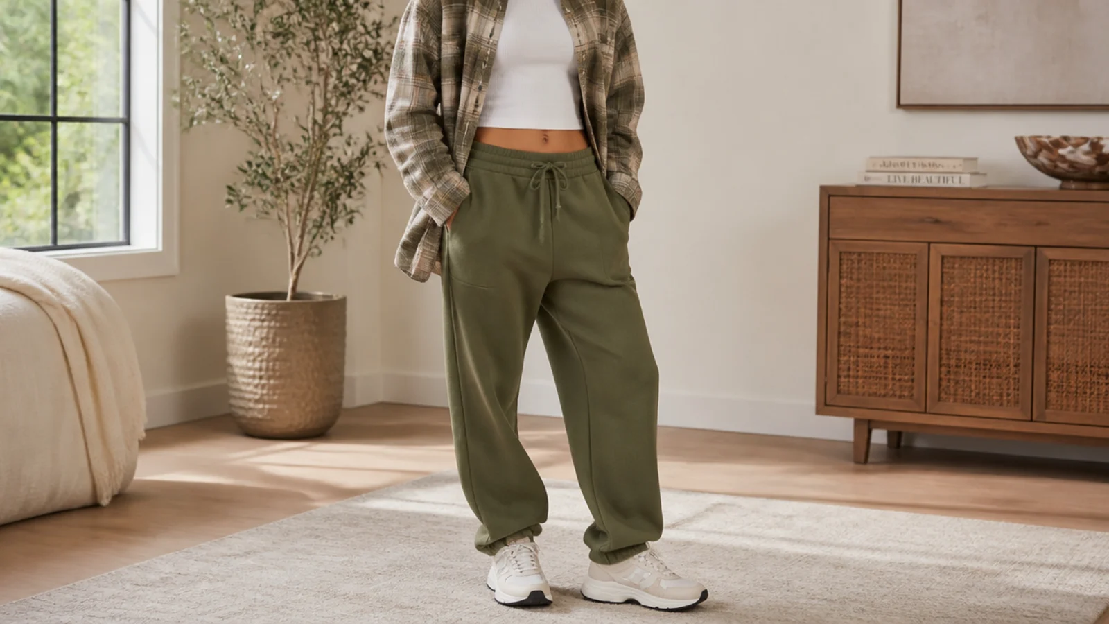 Faceless shot of an open plaid flannel shirt over a fitted baby tee with olive green sweatpants