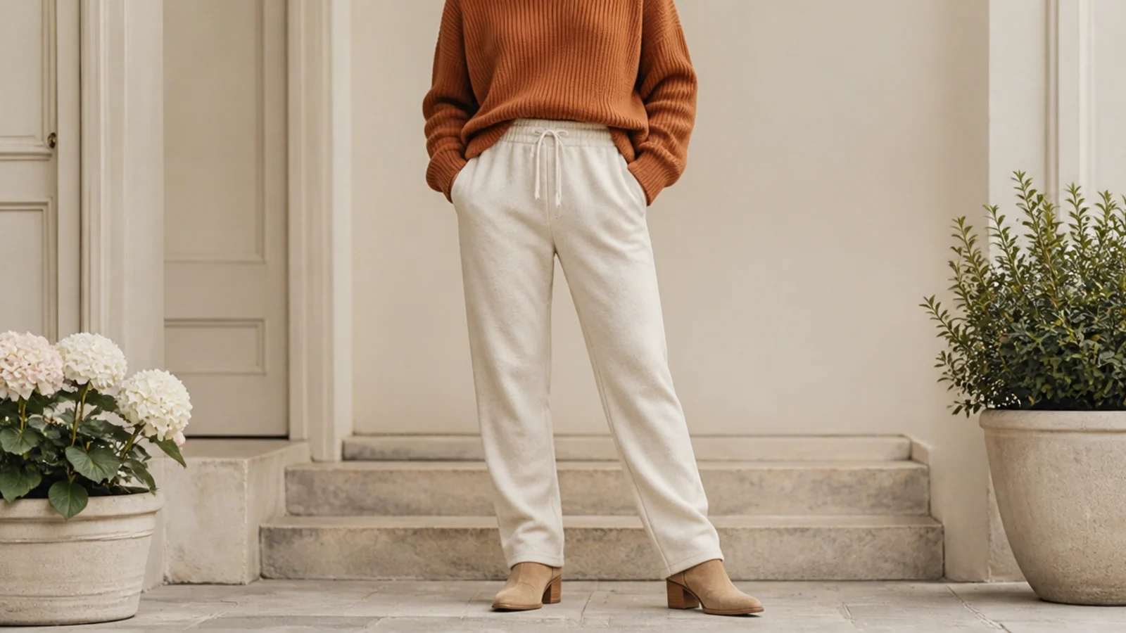 Faceless shot of a chunky rust ribbed turtleneck tucked into straight-leg oatmeal sweatpants with ankle boots