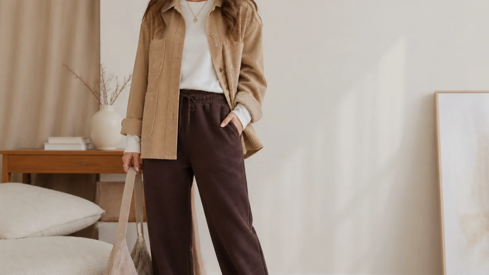 Faceless shot of a tan corduroy overshirt over a cream long-sleeve with chocolate brown fleece joggers