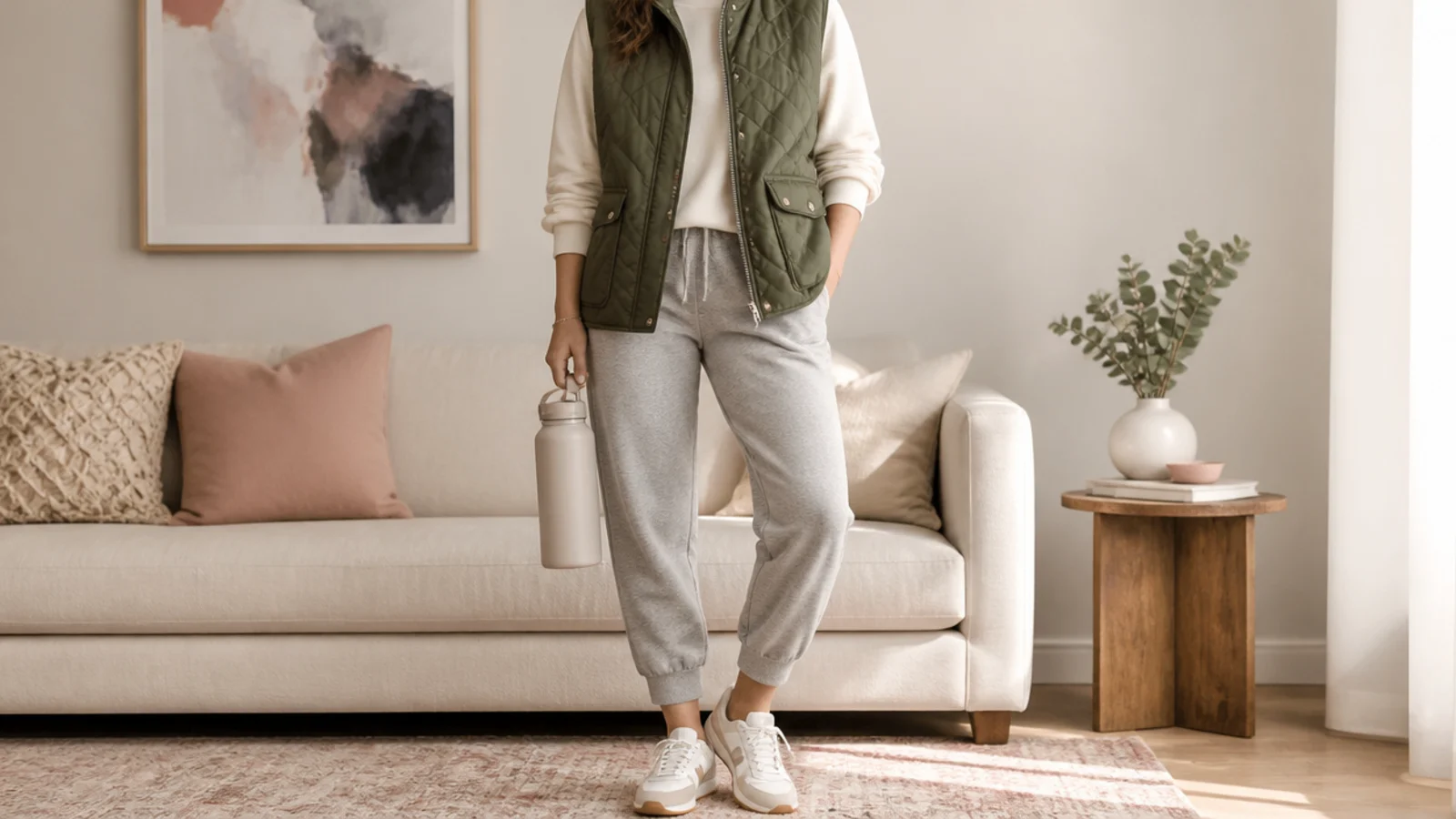 Faceless shot of an olive quilted vest over a cream long-sleeve with gray tapered sweatpants and sneakers