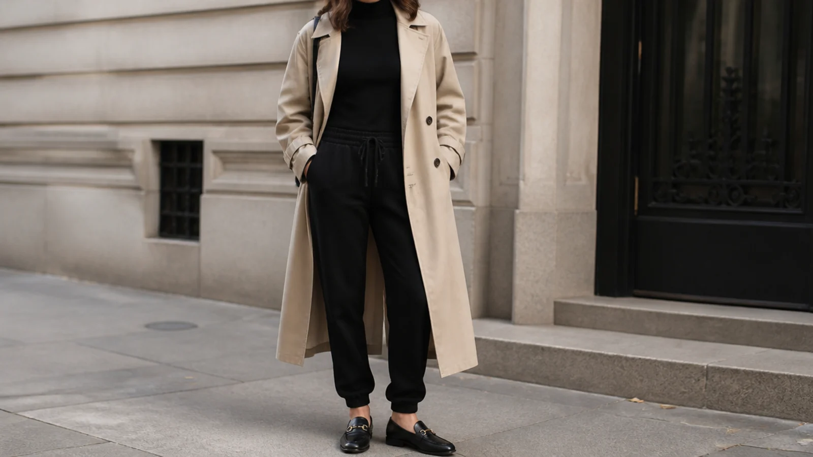 Faceless full-length shot of a beige trench coat over a black mock-neck with black sweatpants and loafers