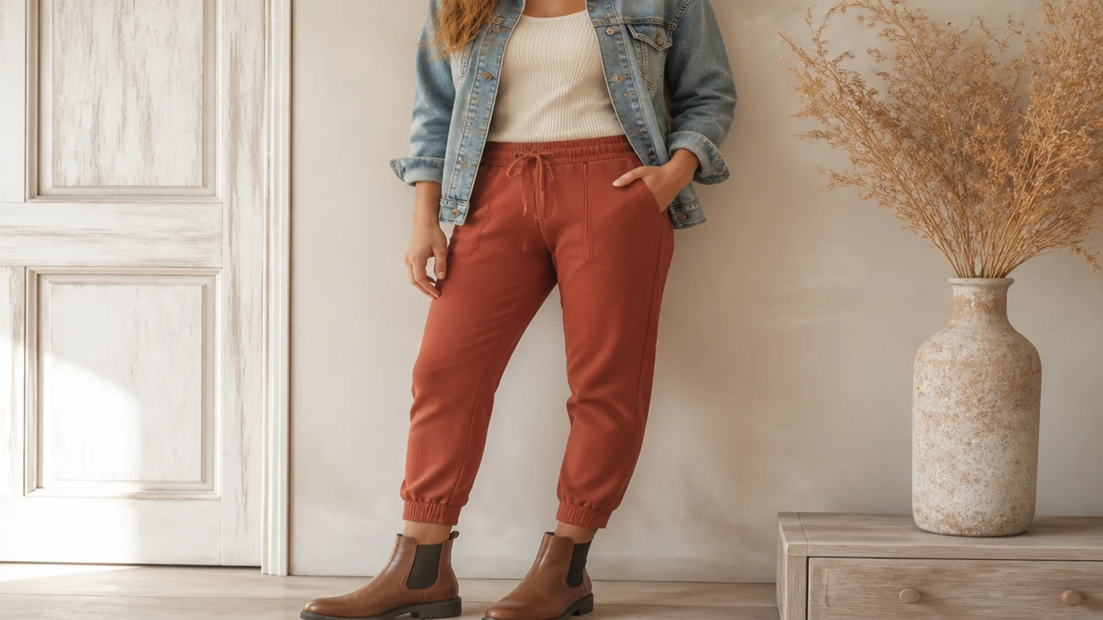 Faceless shot of rust colored tapered sweatpants with brown Chelsea boots, a cream ribbed tank and denim jacket