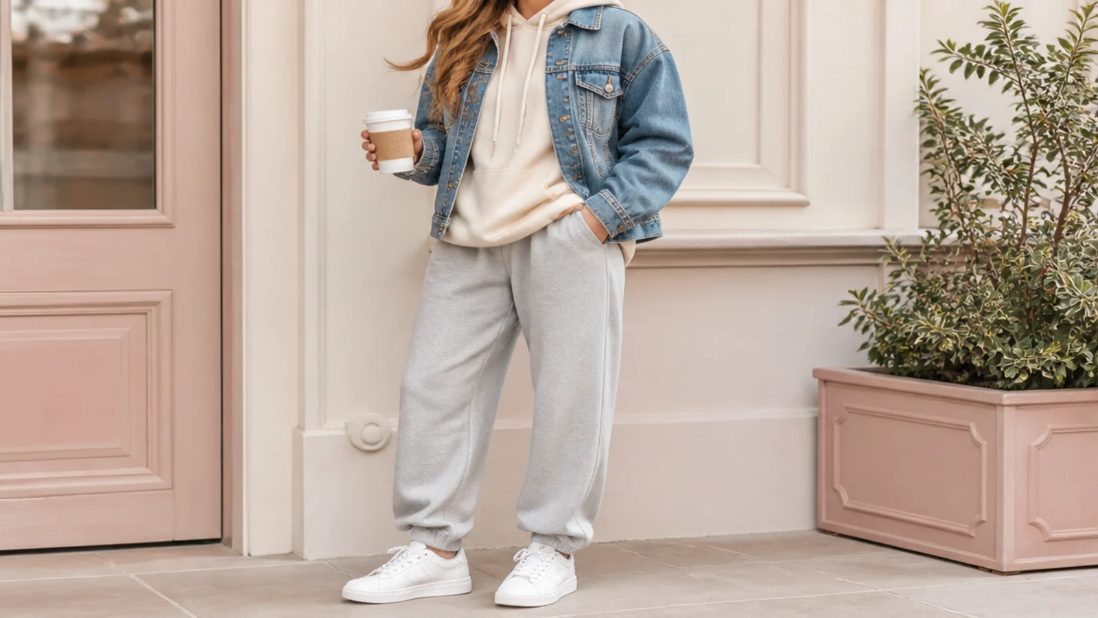 Faceless shot of a mid-wash denim jacket over a cream hoodie with gray sweatpants and white sneakers