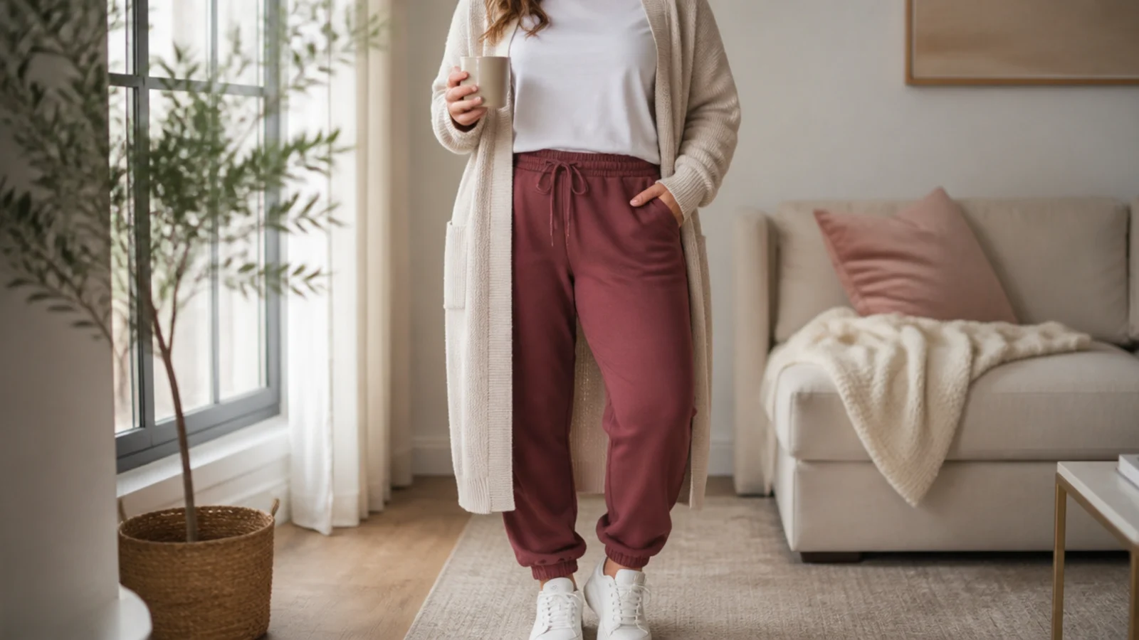 Faceless shot of an oatmeal longline cardigan over a white tee with burgundy sweatpants and white sneakers