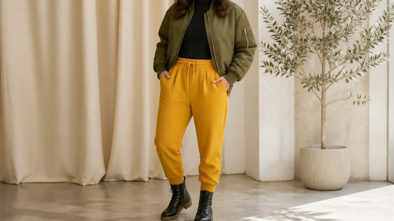 Faceless shot of an olive bomber jacket over a black mock-neck with mustard tapered sweatpants and boots