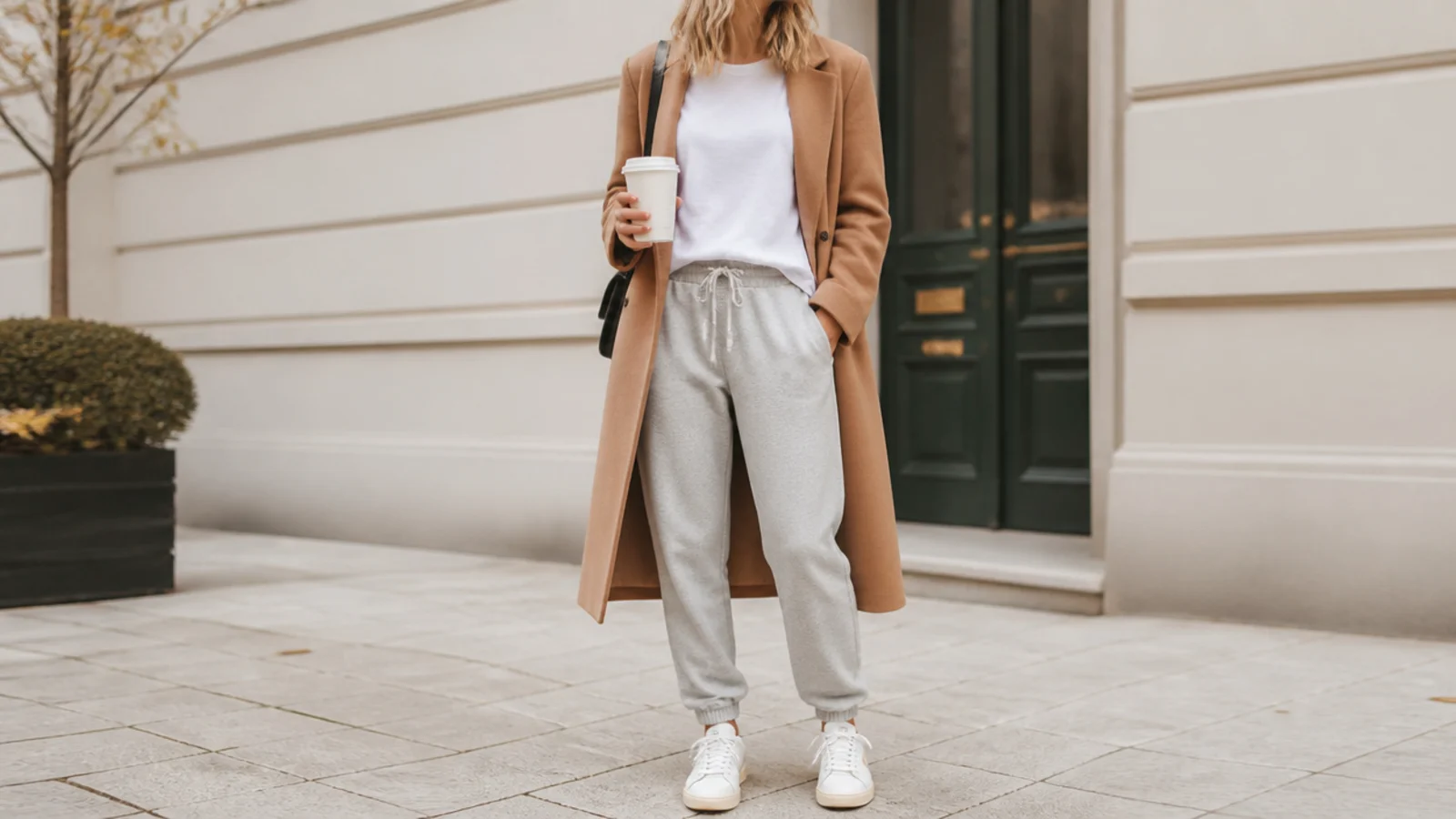 Faceless fall sweatpants outfit with a camel coat, white tee and gray sweatpants