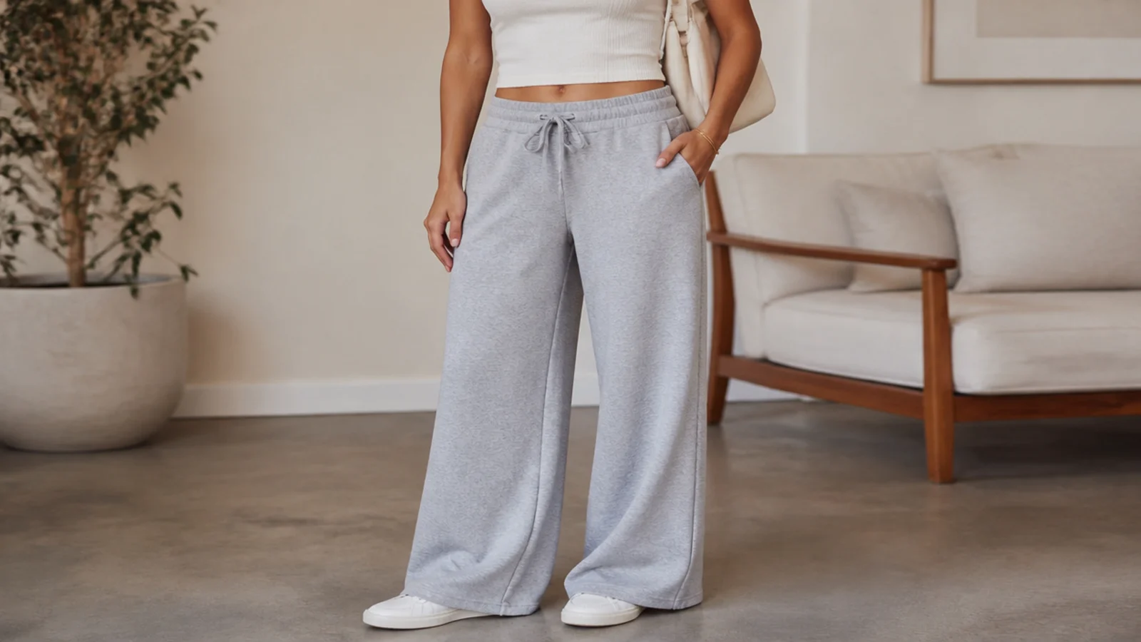 Faceless outfit with high-rise gray flare sweatpants and low white leather sneakers under a floor-grazing hem