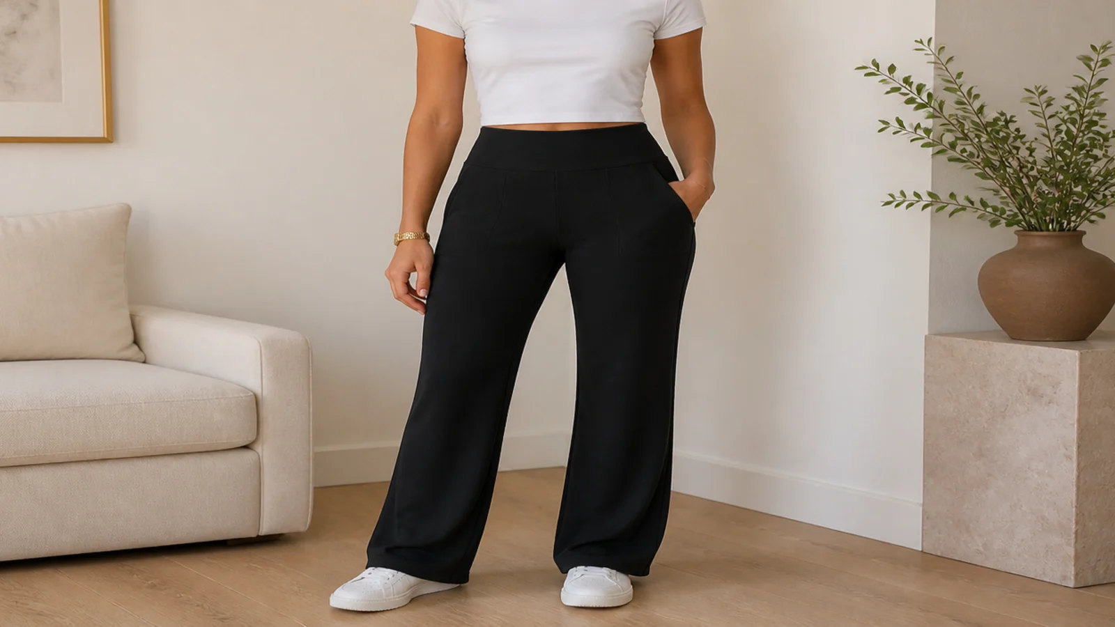 Faceless outfit with black high-waisted flare sweatpants and a fitted tucked white baby tee