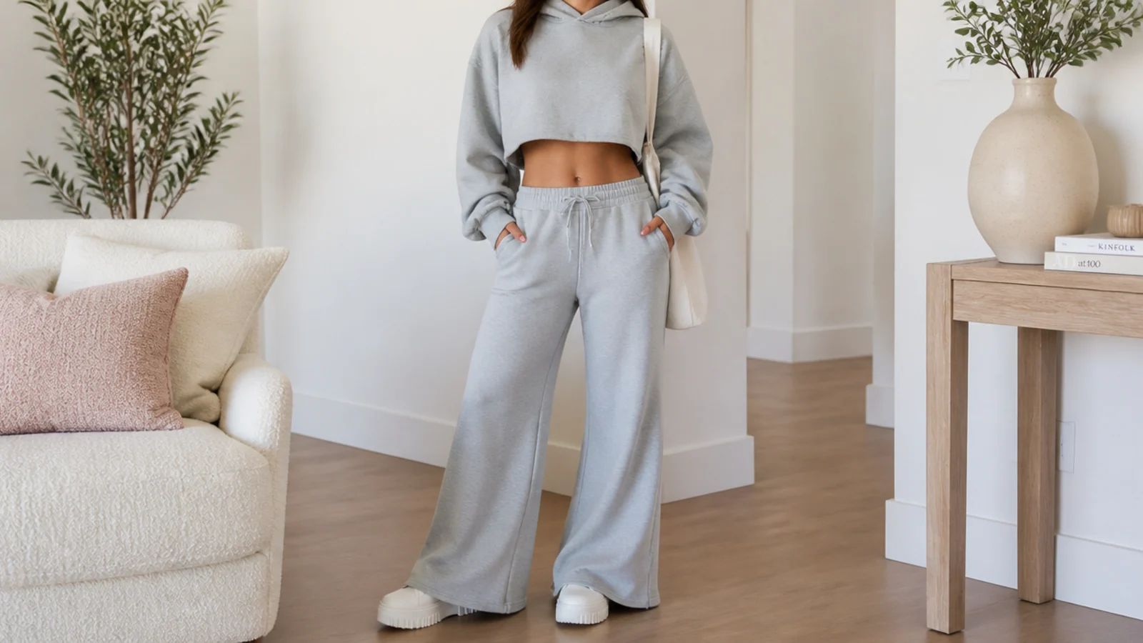 Faceless outfit with gray flare sweatpants and a cropped oversized hoodie over a platform sneaker