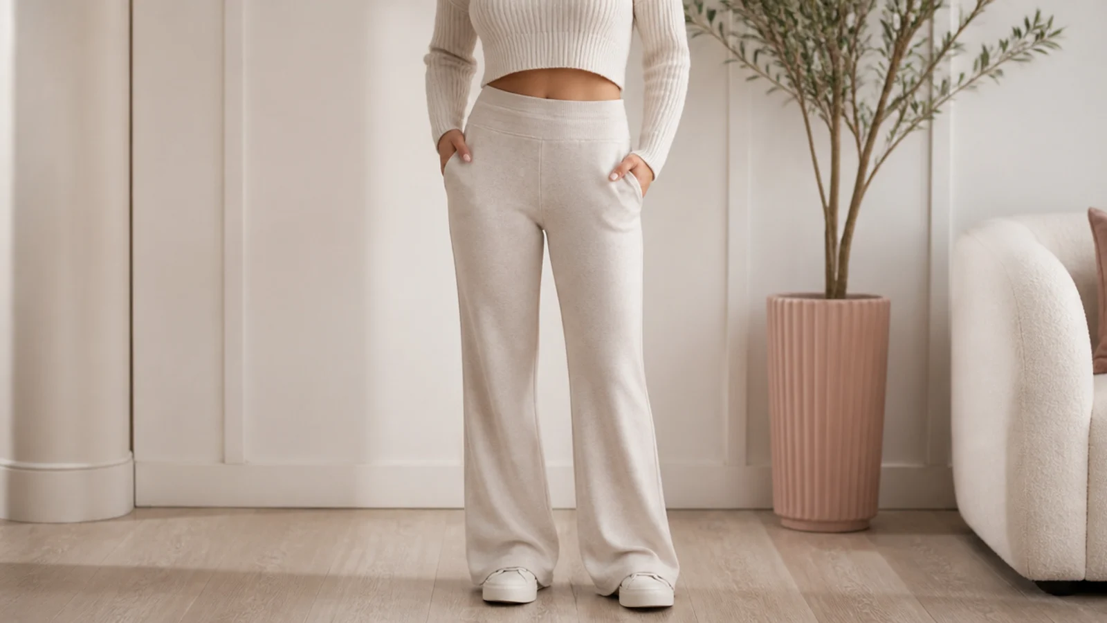 Faceless outfit with high-rise oatmeal flare sweatpants and a fitted cropped cream knit sweater