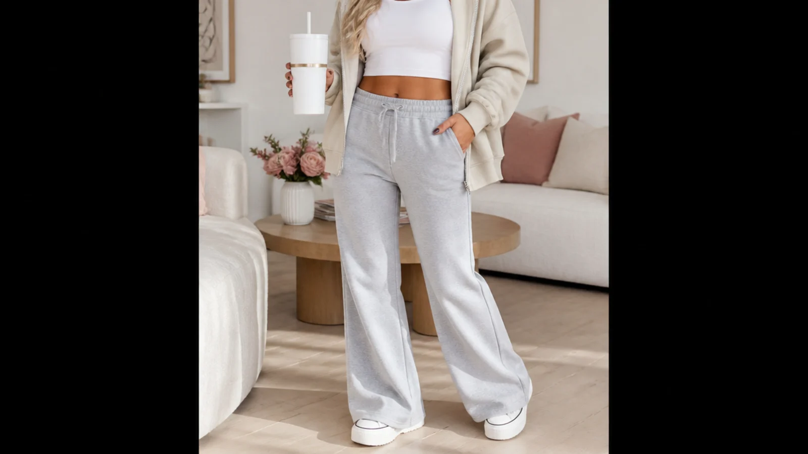 Faceless outfit with gray flare sweatpants and chunky platform sneakers giving hidden height under the hem