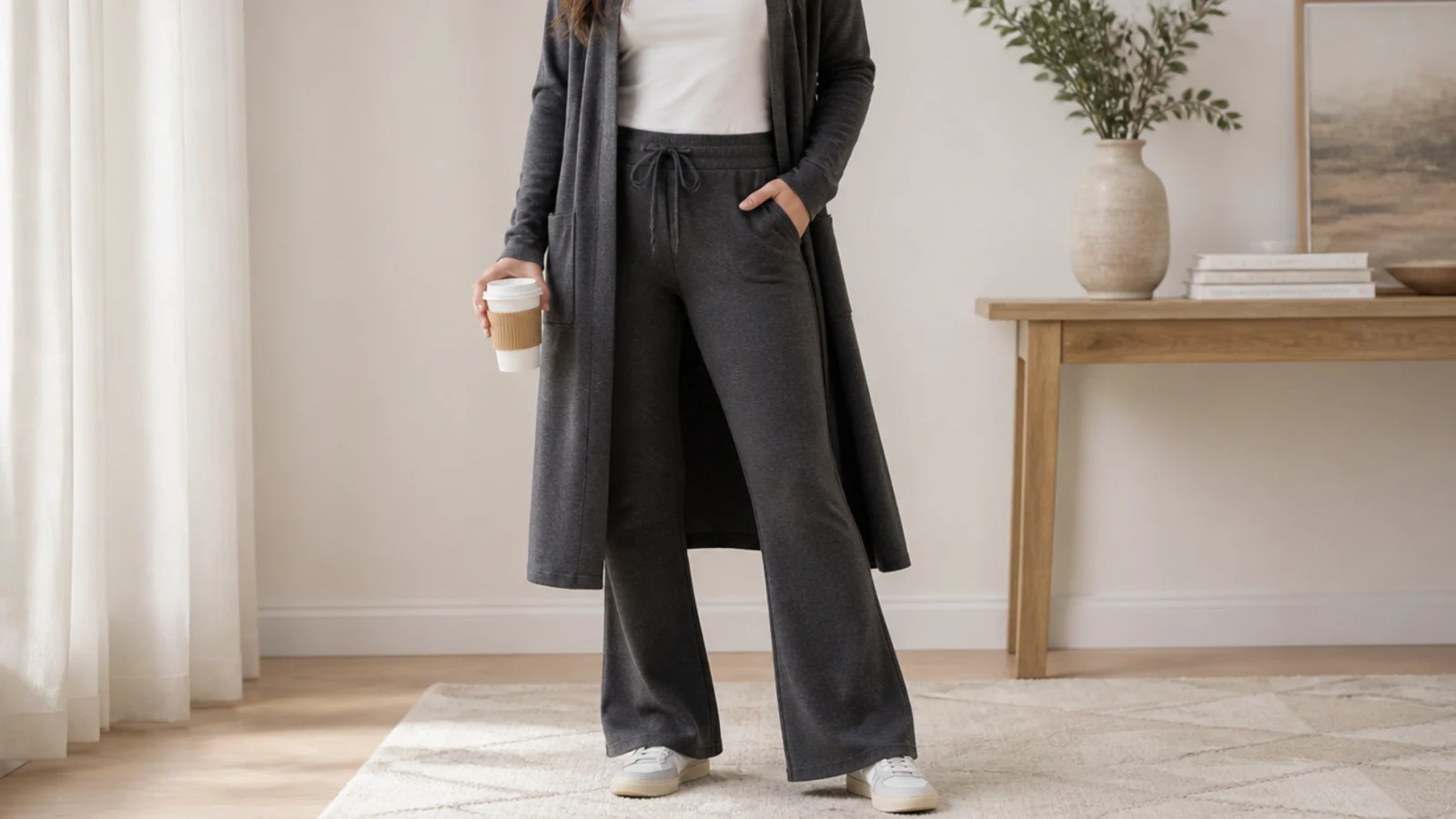 Faceless full-length outfit with charcoal flare sweatpants and a matching longline charcoal cardigan